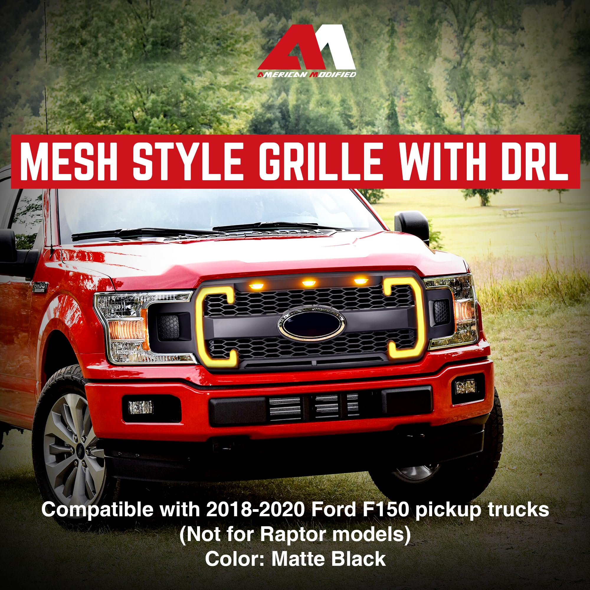 Raptor Style Mesh Front Grille with DRL & Turn Signals for Ford F150 (2018-2020) | Matte Black | Emblem Base | Off-Road & Street Style Upgrade
