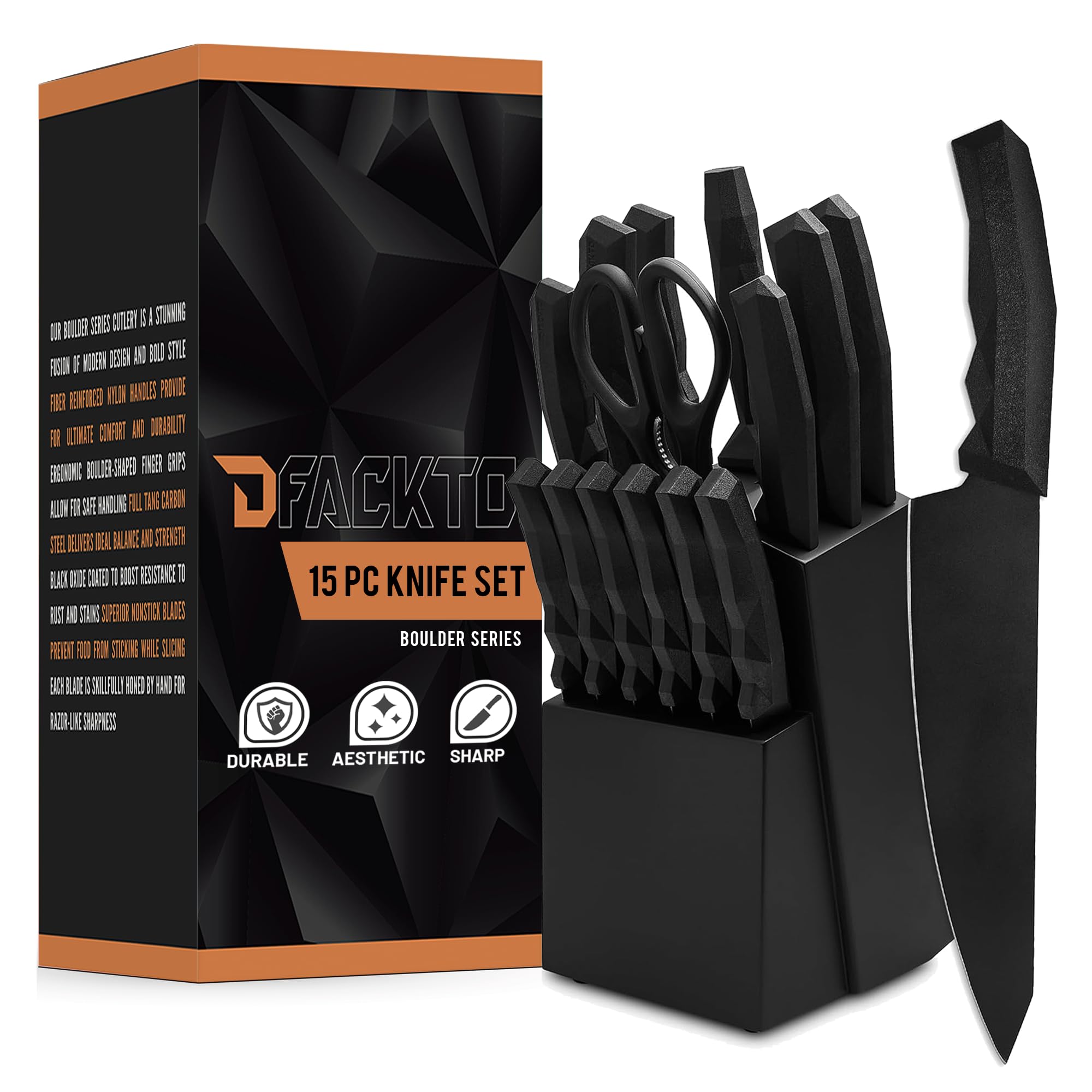 15-Piece Professional Chef Knife Set with Sharpener - High-Carbon Stainless Steel Kitchen Knives, Full-Tang Ergonomic Handles, Includes Chef, Slicing, Utility, Steak Knives & Kitchen Shears, Black Matte Wood Block - Perfect for Home Cooking, Restaurant Use & Gift Giving