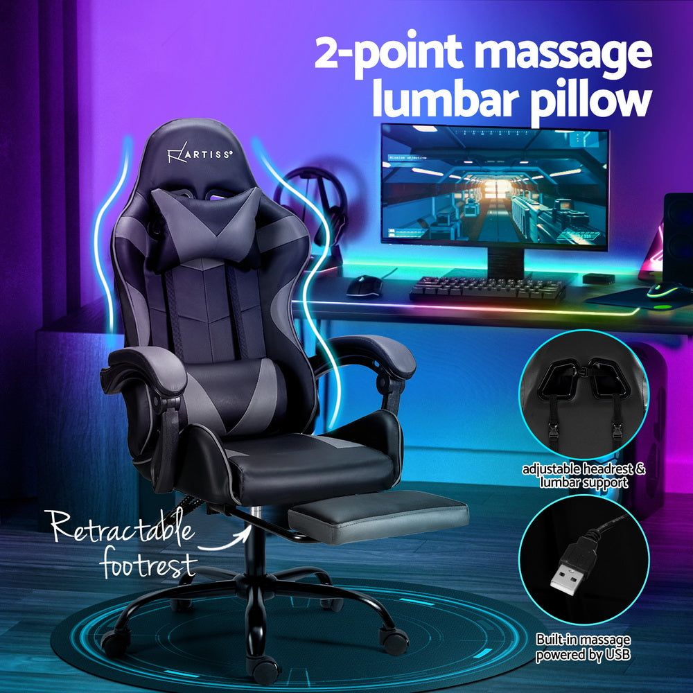 Artiss Ergonomic 2-Point Massage Gaming & Office Chair with Adjustable Footrest - Grey - Perfect for Home Office, Gaming Setup, and Workstation Comfort