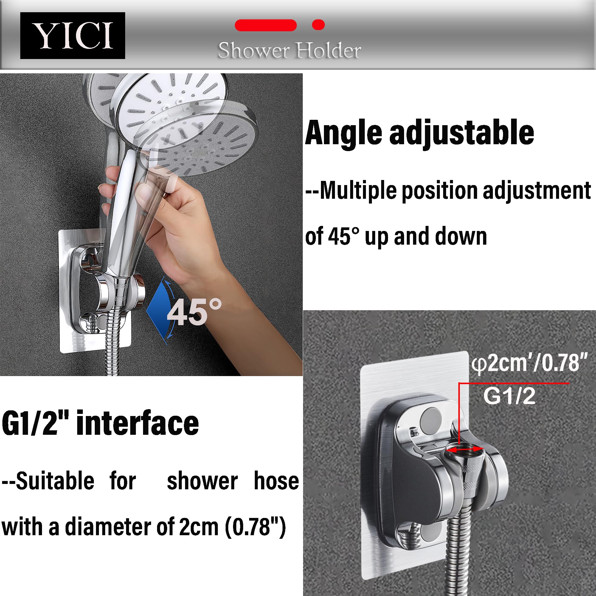 YICI No Drill Handheld Shower Head Holder - 12cm Strong Adhesive Shower Bracket with Adjustable Angle, Rustproof Silver Finish (2-Pack) - Perfect for Bathroom, RV, Apartment & Rental Homes Renovation