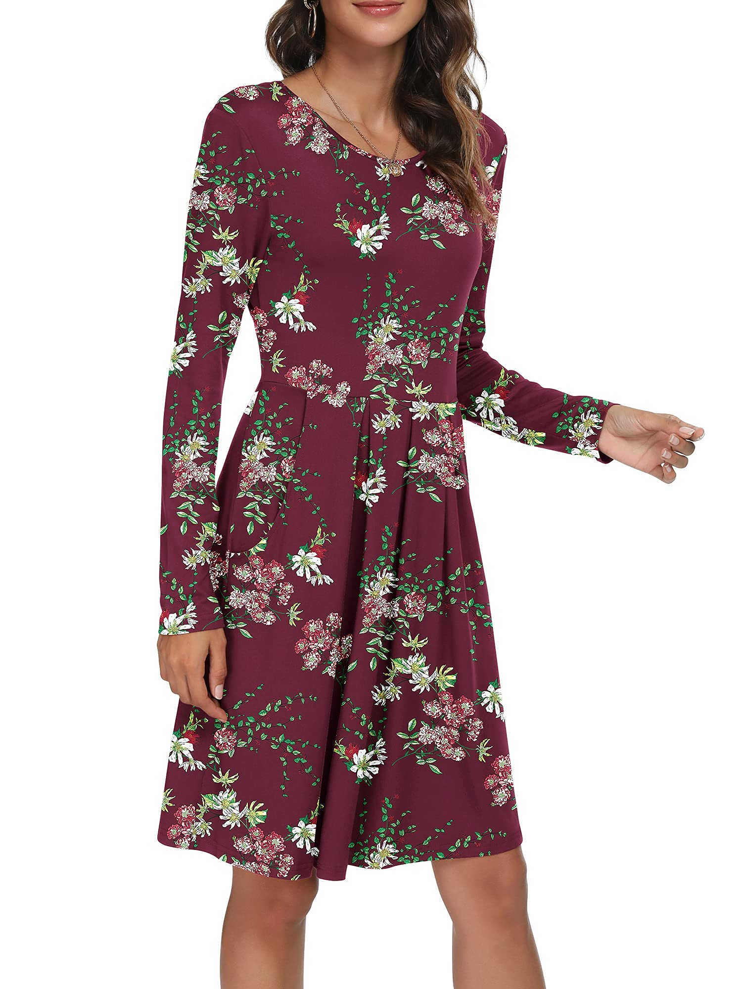 DouBCQ Women's Casual Long Sleeve Flowy Pleated Fall Dresses with Pockets - Elegant & Comfortable for Work, Date Night, and Autumn Outfits