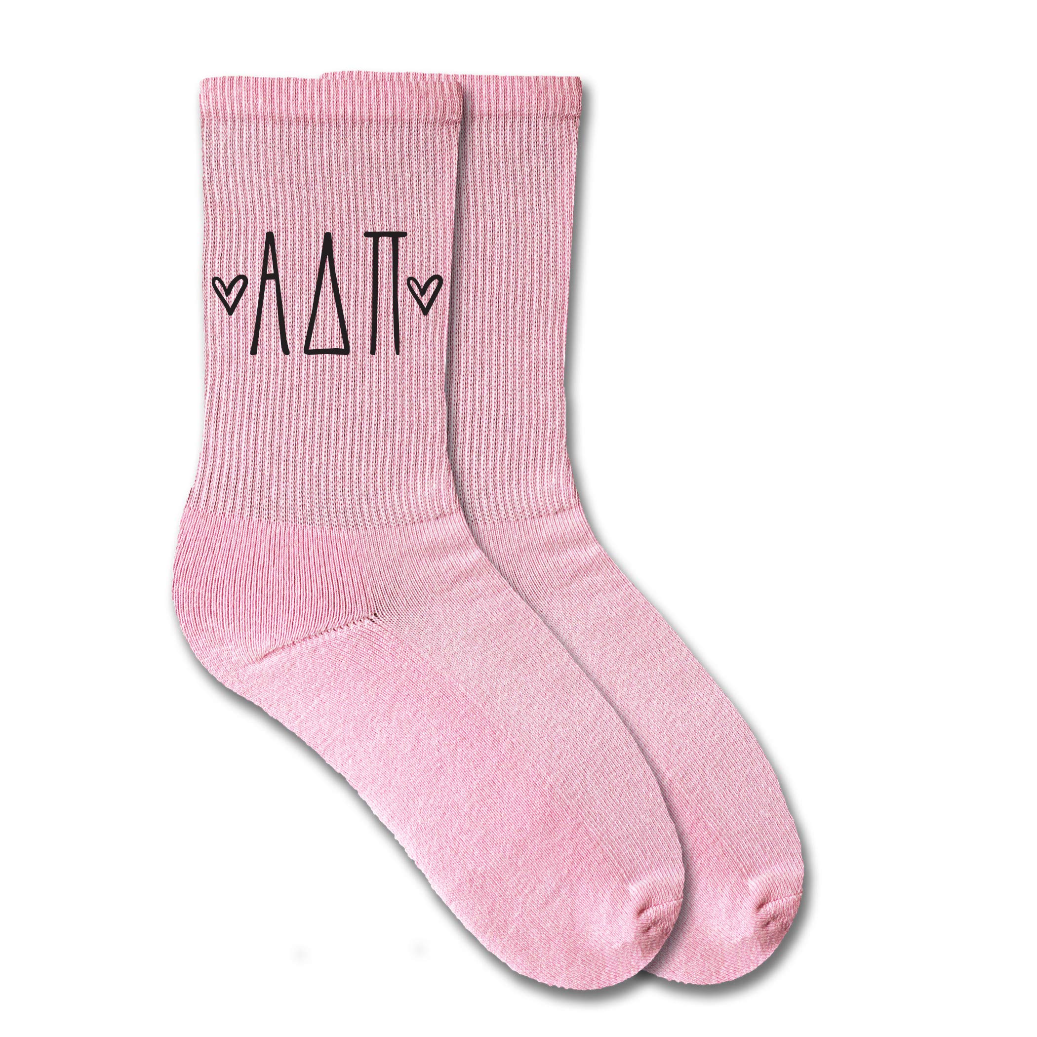 Alpha Delta Pi Sorority Greek Letter Crew Socks with Hearts - White, Pink & Heather Gray - Comfortable Cotton Socks for College, Sisterhood Events & Everyday Wear