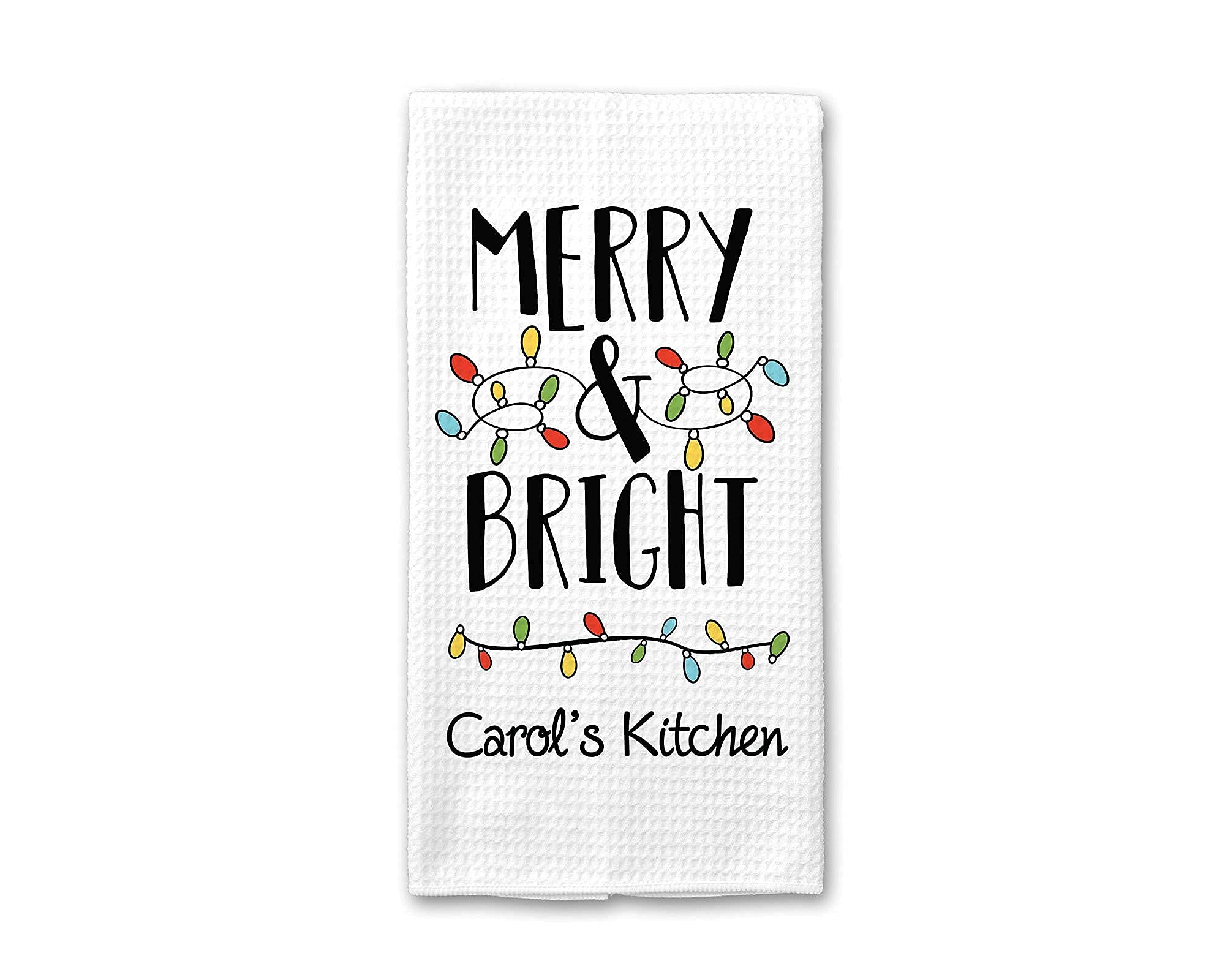 Custom Merry and Bright Christmas Dish Towel - Personalized Holiday Kitchen Towel Set | Housewarming & Christmas Gift for Women | Absorbent Cotton Towels for Baking, Cooking & Decor | Festive Holiday Home Decor