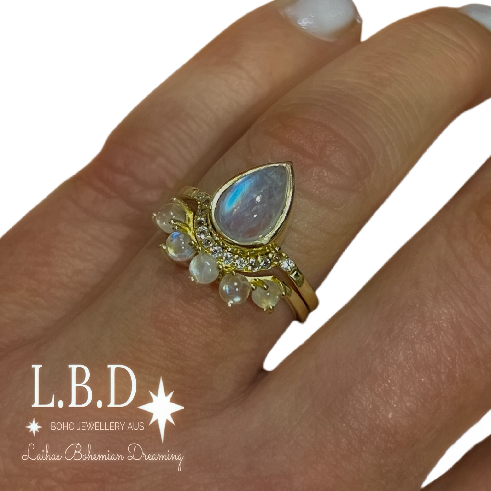 Laihas Over The Rainbow Topaz and Moonstone Gold Twin Ring Set for Women - Elegant Stackable Rings for Everyday Wear, Gift Giving & Special Occasions