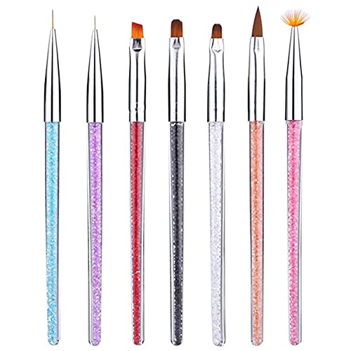 7Pcs Nail Art Brush Set with Rhinestone Handle - UV Gel Nail Painting Brushes, Liner & Drawing Pens for Professional Salon & Home Manicure