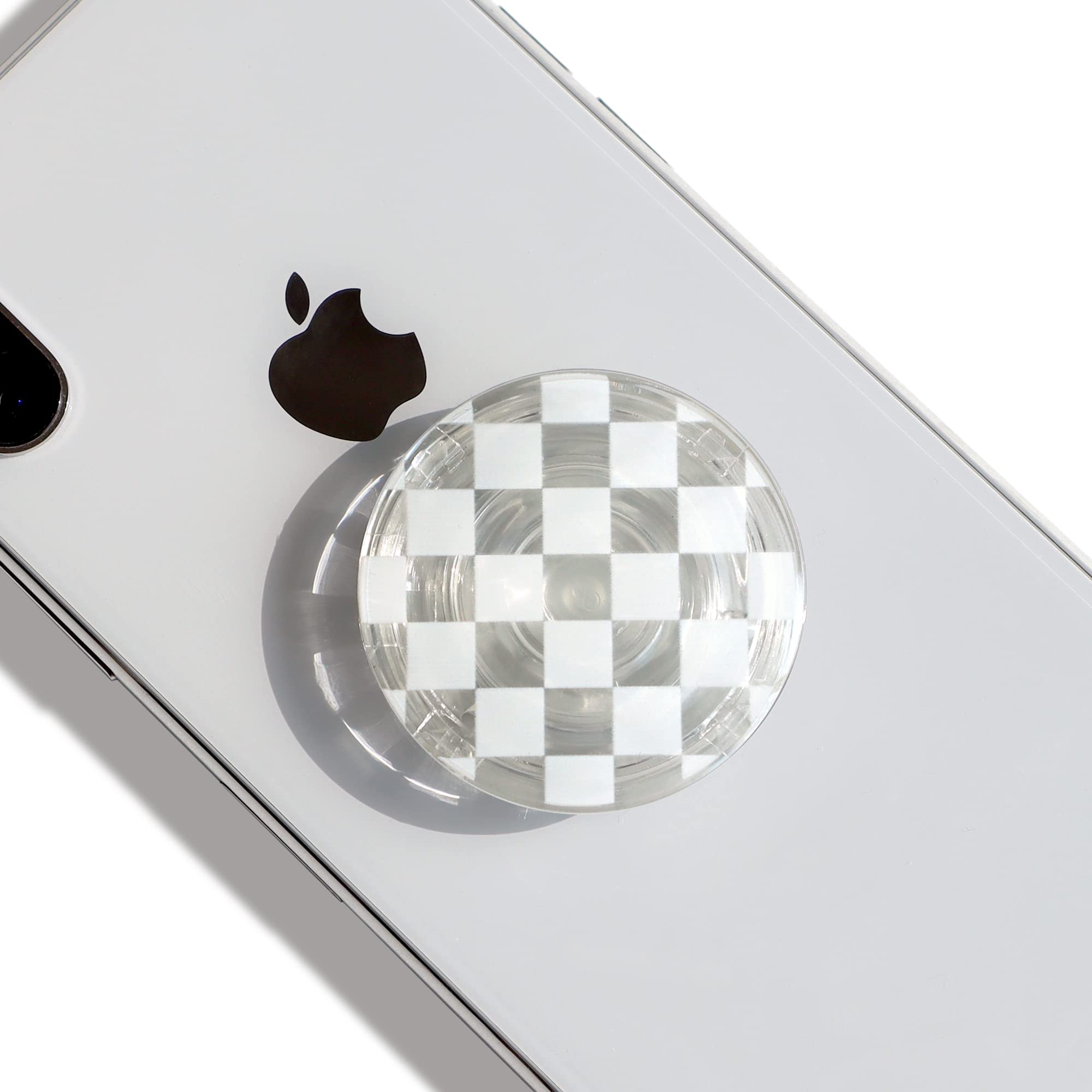 GRIPONG Expandable Collapsible Phone Grip Stand - Crystal Clear Epoxy Checkerboard Design for Smartphones & Tablets | Perfect for Hands-Free Viewing, Gaming, and Social Media (White Checkerboard Stripe)