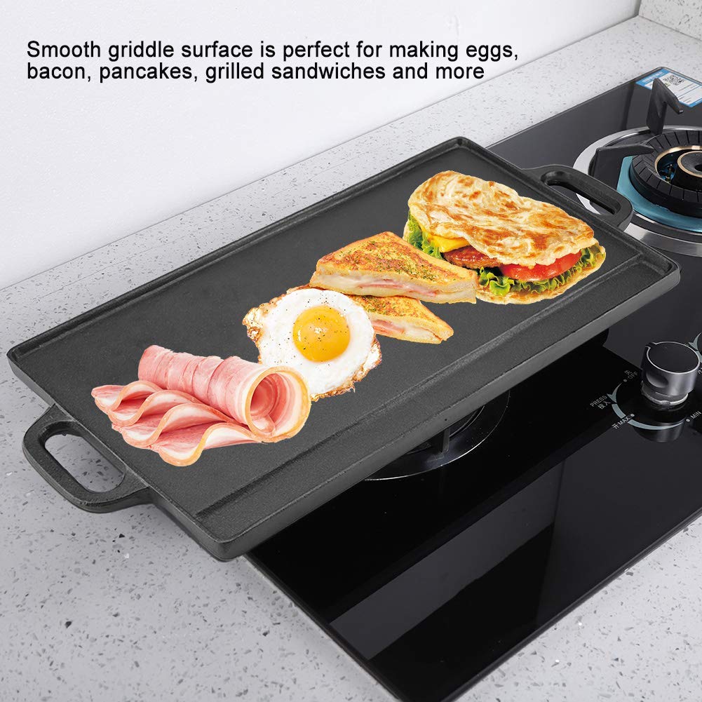 Premium Cast Iron Grill Griddle Pan - Double-Sided with Ridged & Flat Surface for Stovetop, Gas Cooktop & Outdoor BBQ - Perfect for Pancakes, Steaks, Burgers & Camping Cooking