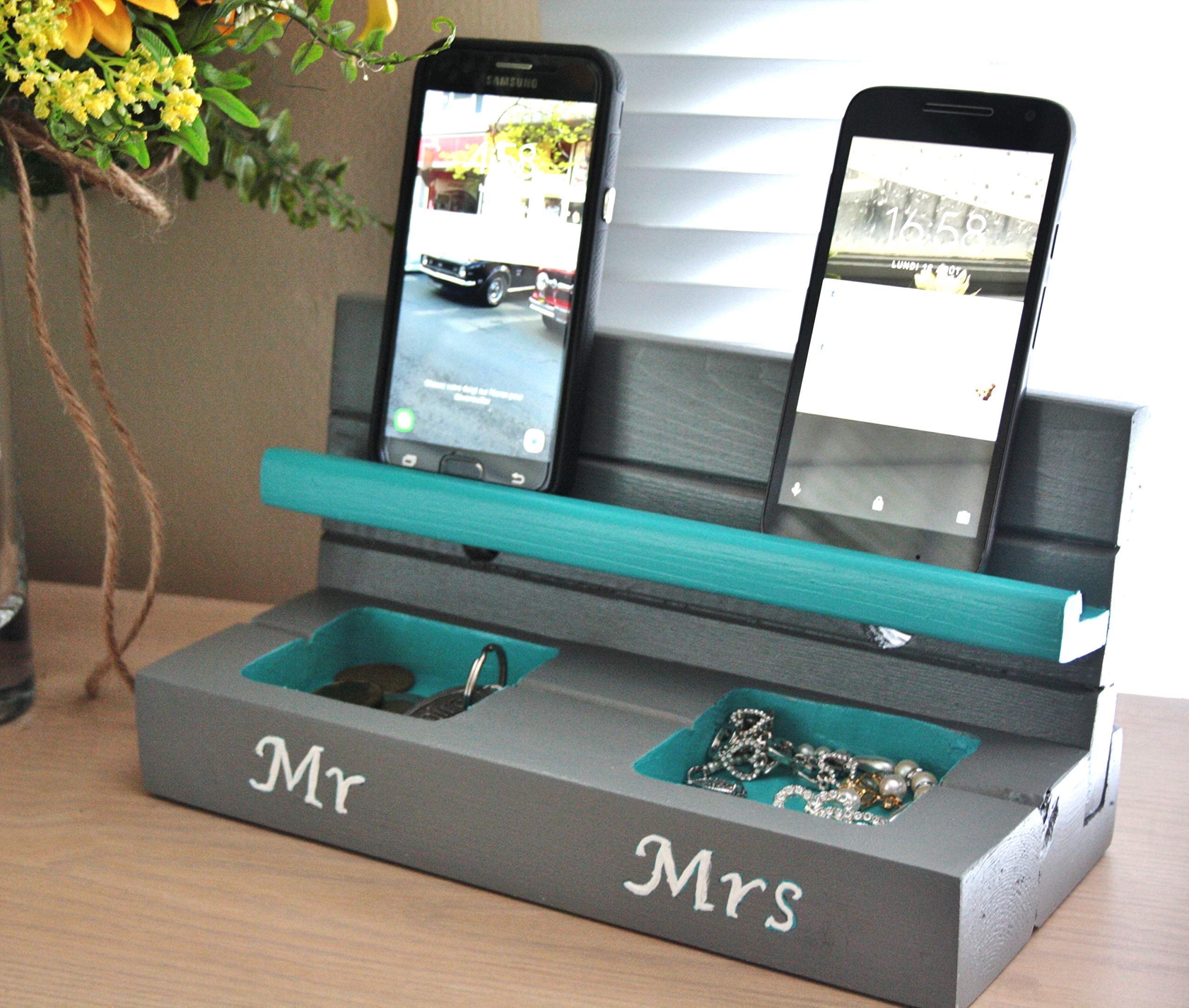 Handmade Gray & Turquoise Cell Phone Stand & Charging Station - Holds & Charges 2 Phones - Nightstand Organizer - Perfect Gift for Couples (Mr & Mrs) - Ideal for Bedroom, Office & Travel Accessories