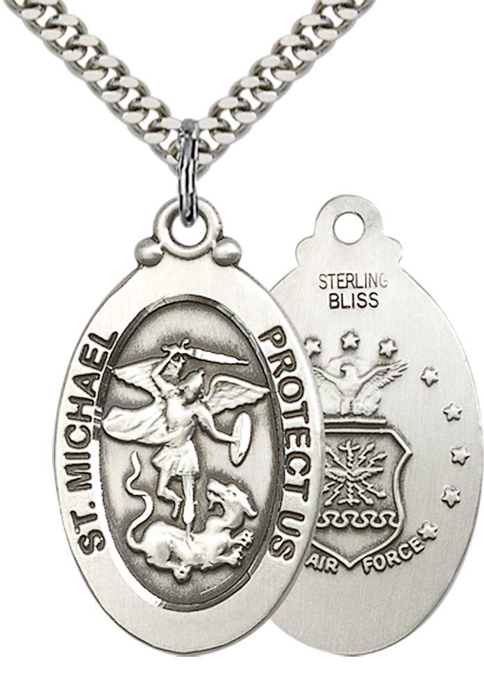 St. Michael Air Force Pendant Necklace - Sterling Silver Military Jewelry with 24