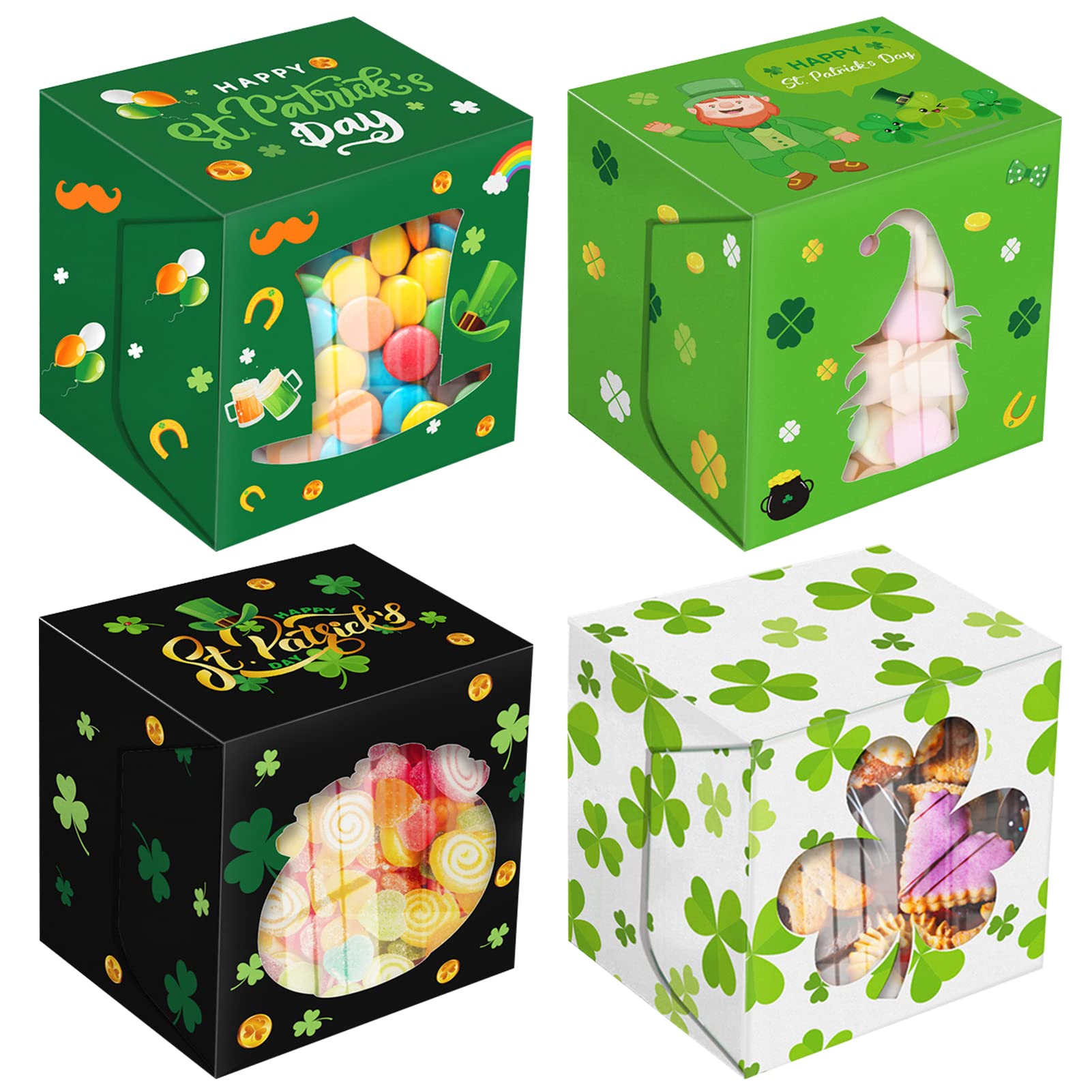Cieovo 24-Piece St. Patrick's Day Cupcake Treat Boxes with PVC Window - Shamrock Printed Cookie Storage Containers, Colorful Clover Party Favor Boxes for Holiday Party Supplies - Perfect for St. Patrick's Day Celebrations, Birthday Parties & School Events