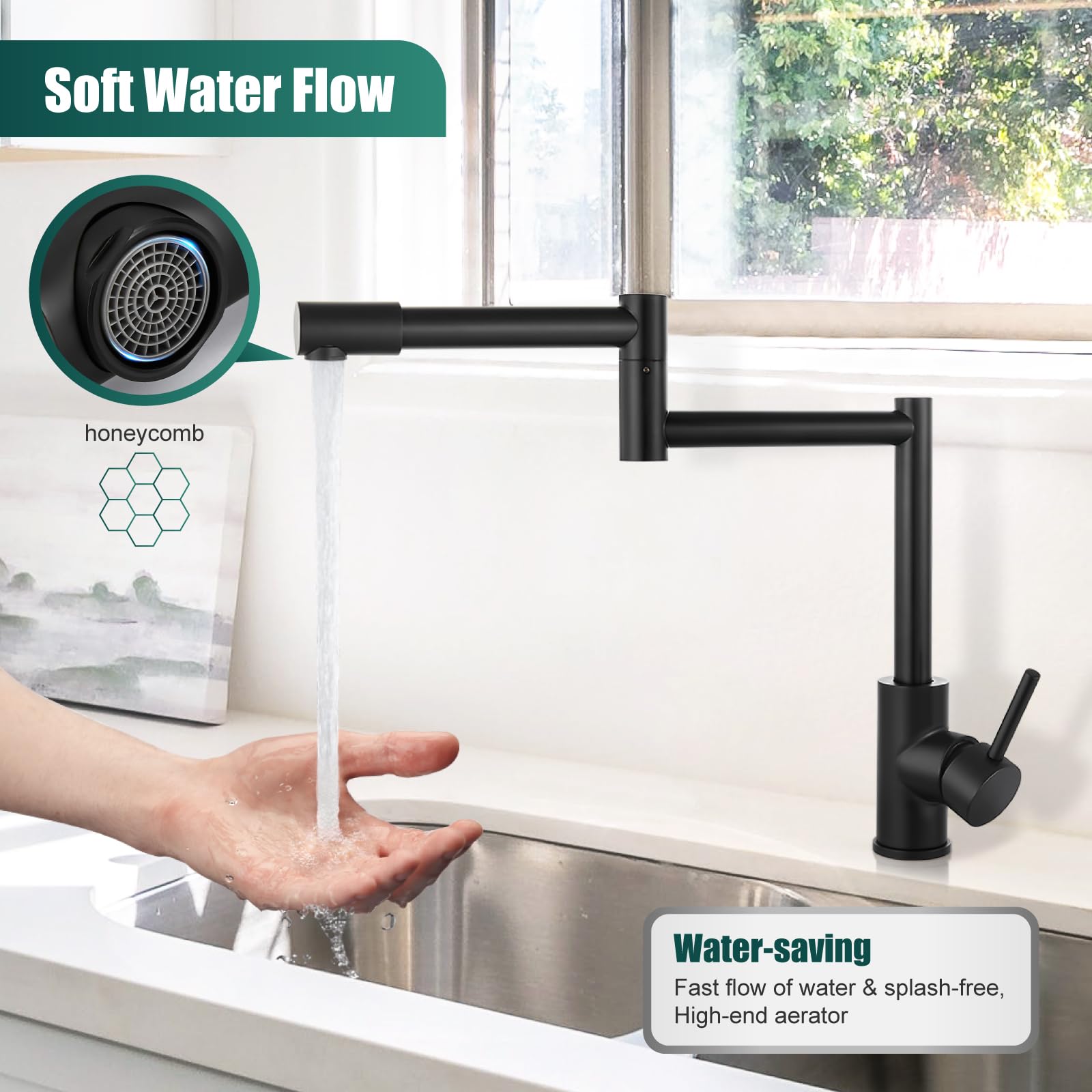 **360° Rotating Matte Black Pot Filler Faucet - Deck Mount Single Handle Kitchen Sink Faucet with Retractable Double Joints for Easy Cooking & Filling Large Pots**    *(Perfect for Modern Kitchens, Soup Making, Pasta Cooking & Heavy-Duty Food Prep)*
