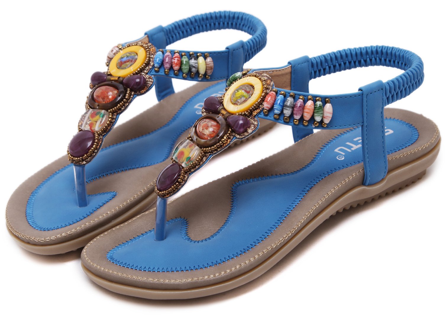 Stylish Summer T-Strap Flat Sandals for Women - Open Toe Thong Sandals with Beaded Gemstone Decorations | Comfortable Beach Shoes for Vacation, Pool Party & Casual Outings