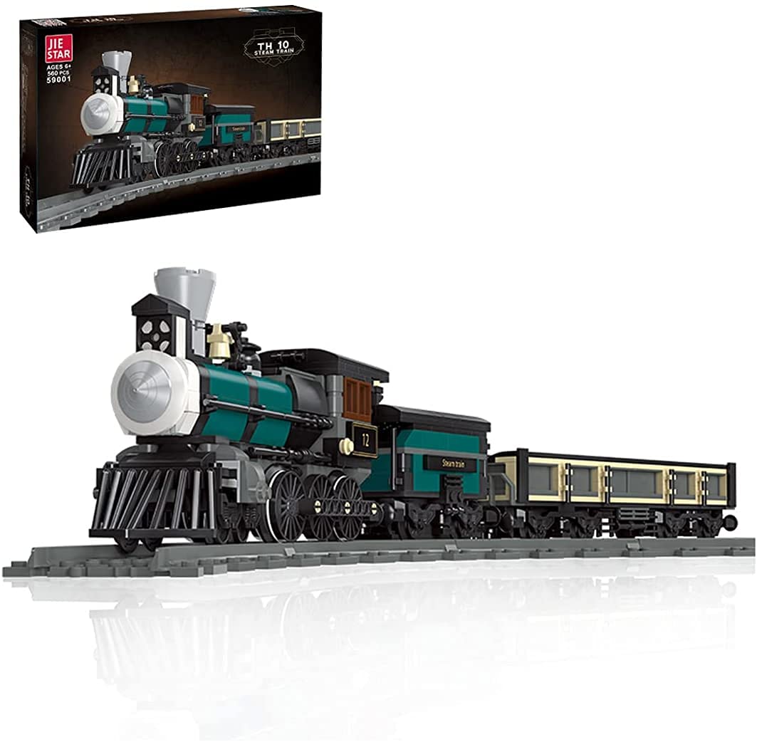 Technics City Train Set - 560+ Piece Retro Steam Train & Rail Freight Cargo Building Blocks with Tracks | Compatible with Lego 59001 | Perfect for Kids' STEM Learning & Creative Play