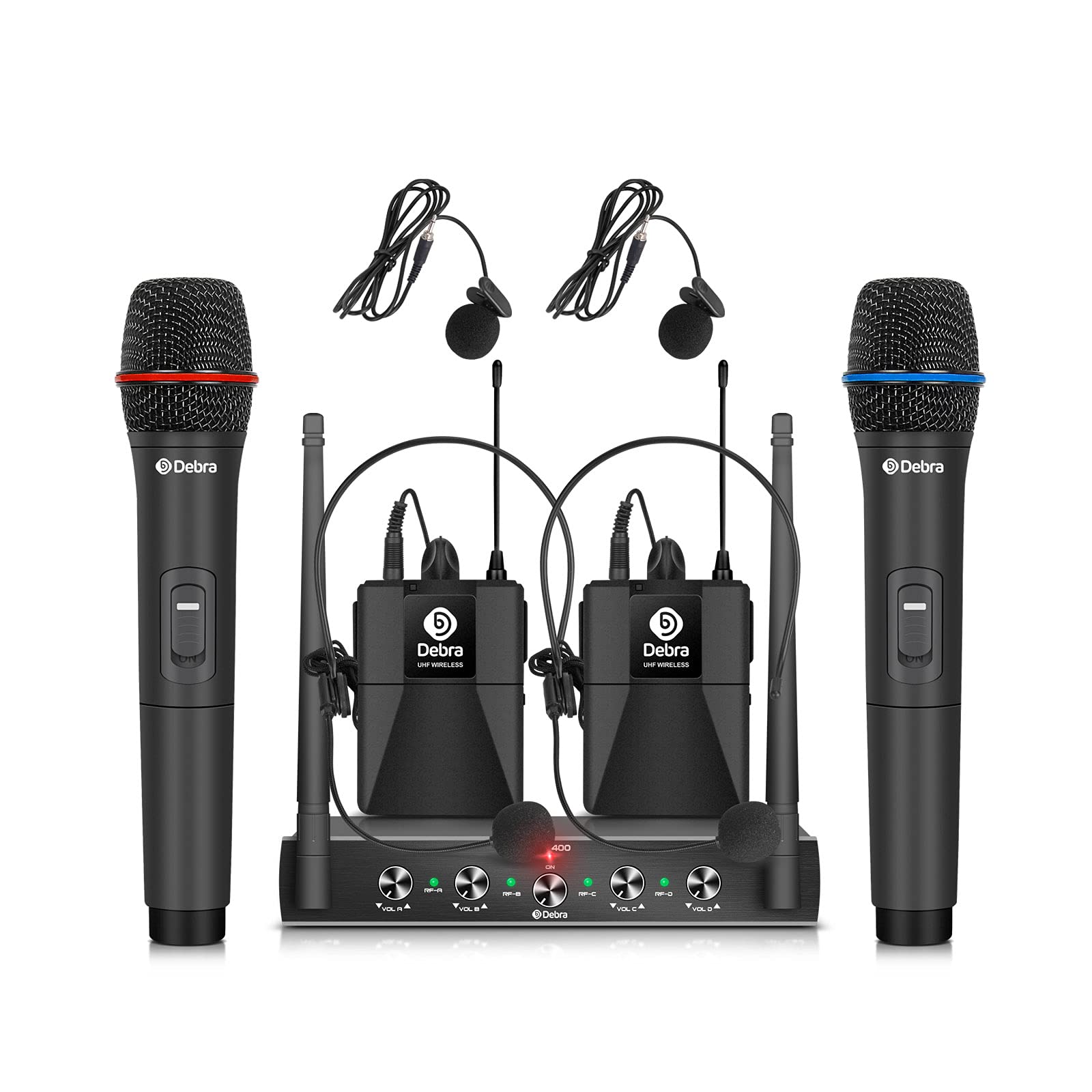 Debra Audio Pro UHF 4 Channel Wireless Microphone System - 2 Handheld & 2 Bodypack Mics with Metal Receiver - Perfect for Karaoke, Church Events, Parties & Live Performances | Ideal for Singers, Speakers & Performers