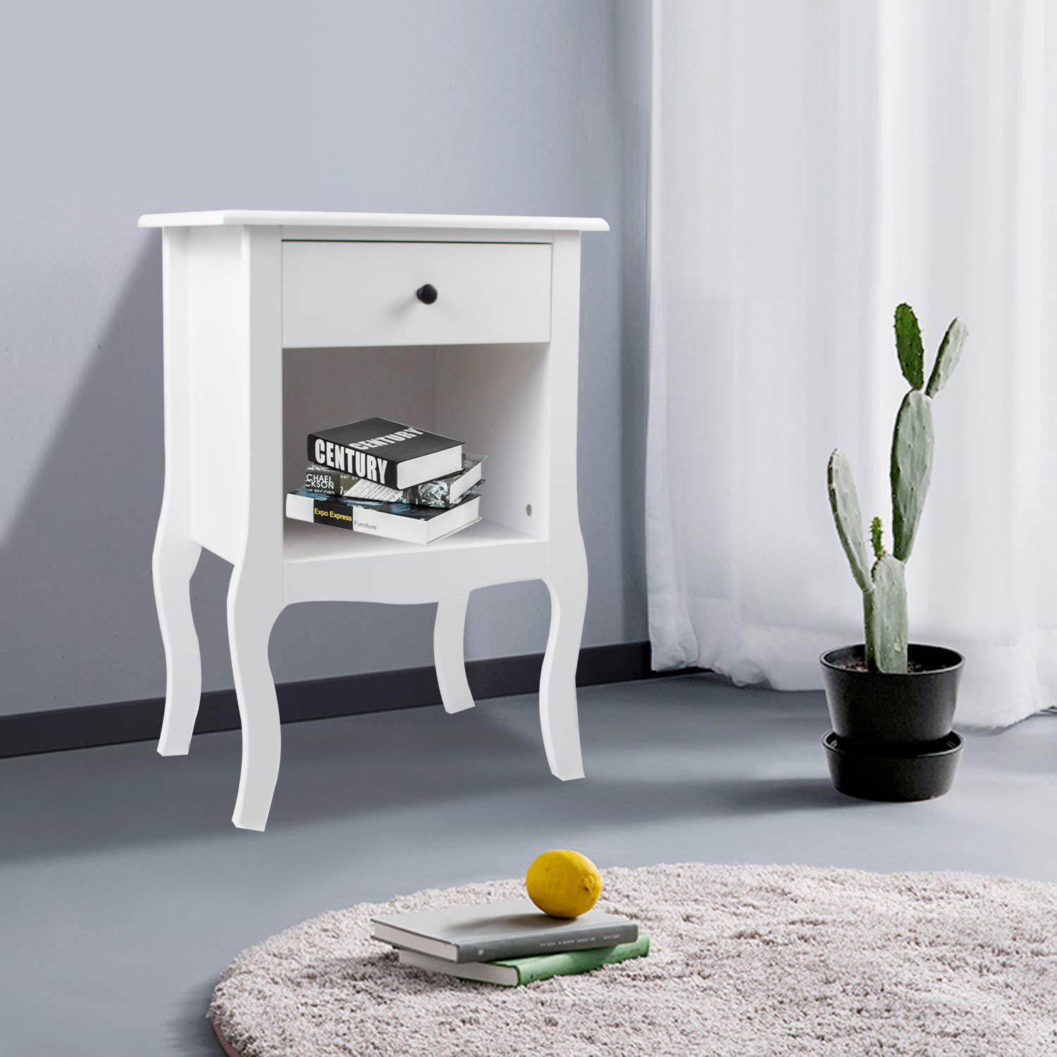 White Wooden Side Table with Drawer - Tall Nightstand, End Table & Sofa Table with Shelf - Perfect for Bedroom, Living Room & Office - Ideal for Phone Charging, Reading Lamp & Storage