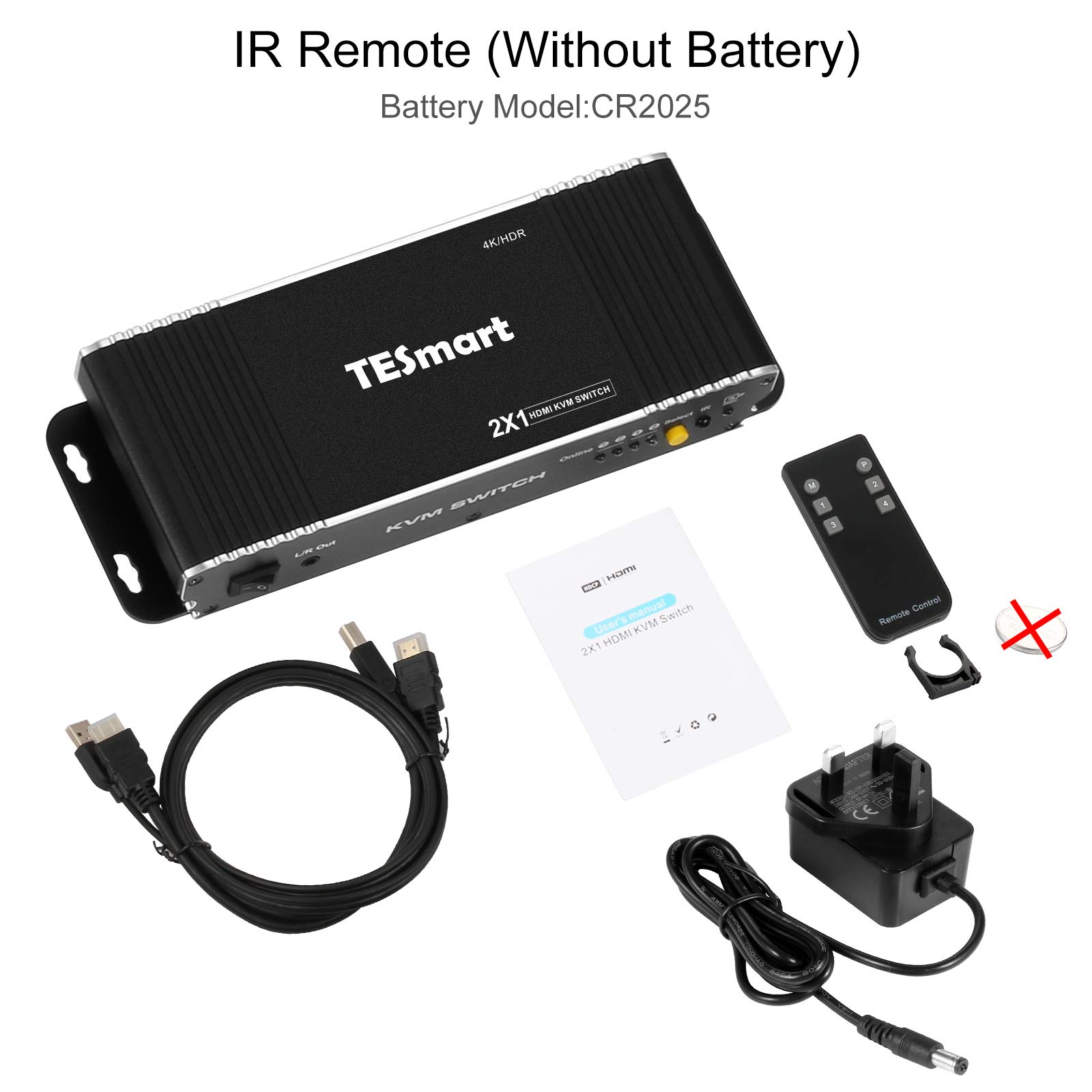 TESmart 2 Port HDMI KVM Switch 4K@60Hz HDCP 2.2 - 2x1 KVM Switcher for 2 Computers with USB 2.0 Support, Includes 2x 1.5m Cables - Perfect for Home Office, Gaming & Server Control (Matte Black)