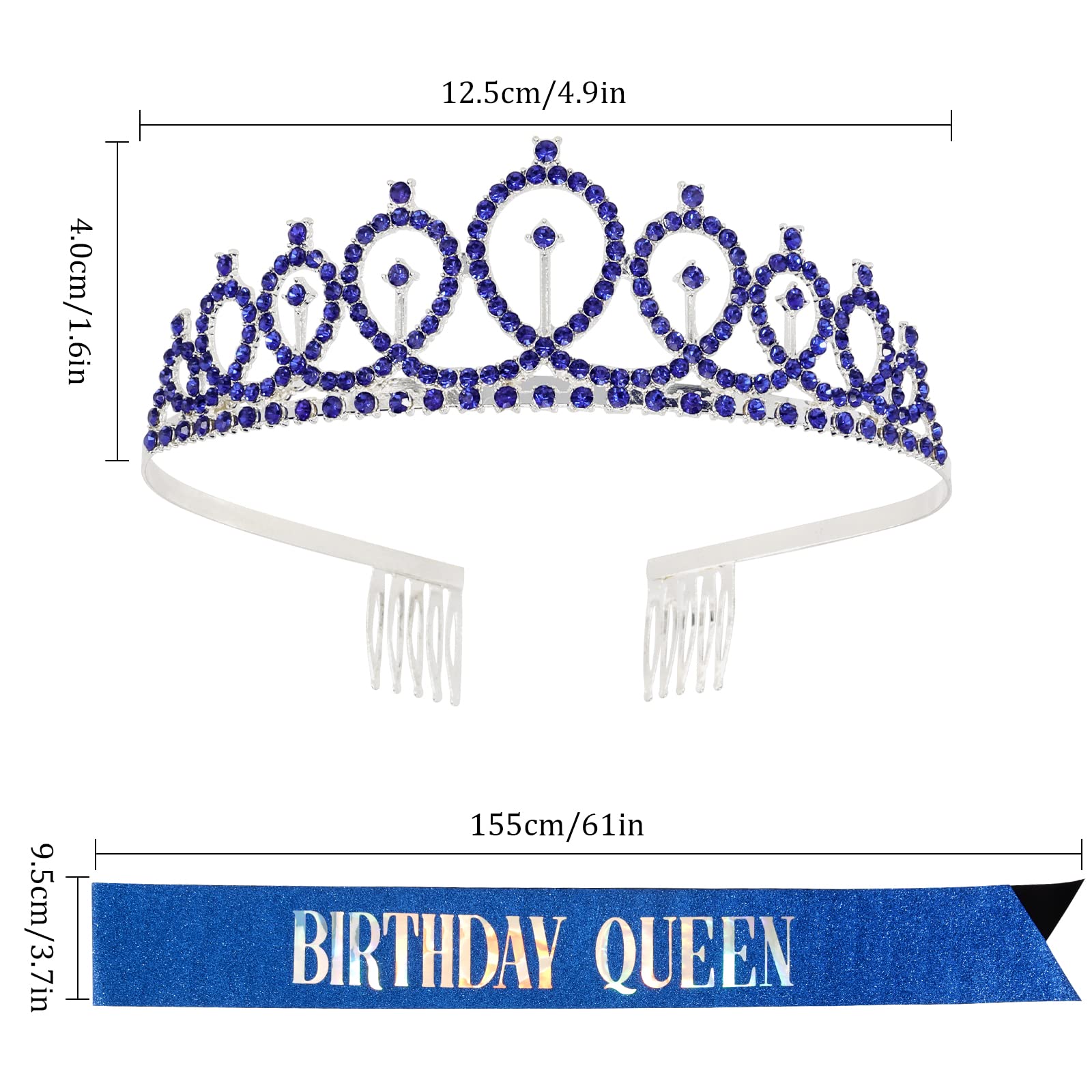 Sparkling Sapphire Birthday Crown & Sash Set for Women - Rhinestone Tiara & Queen Sash Birthday Party Accessories - Perfect for Birthday Celebrations, Bachelorette Parties, and Special Occasions
