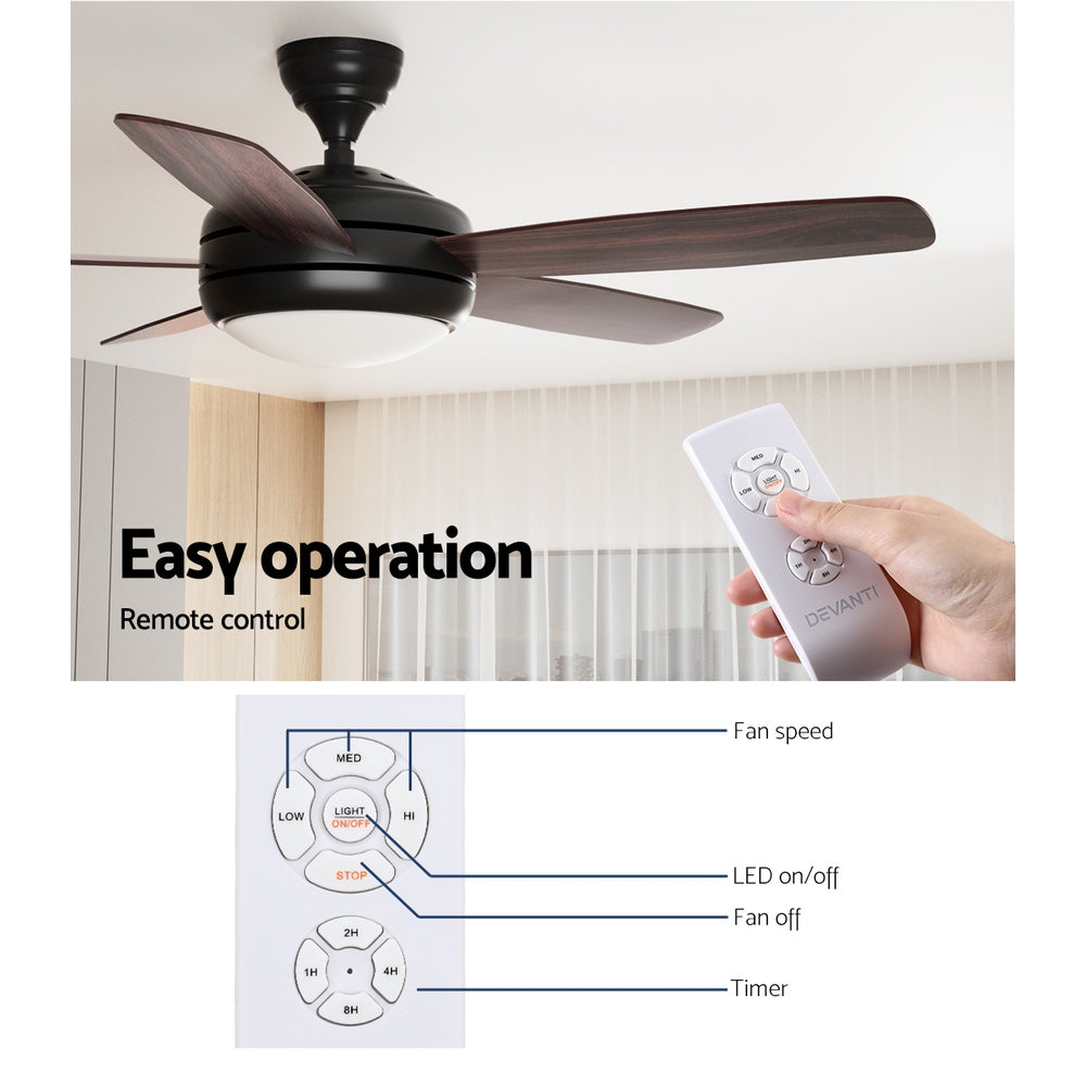Devanti 52 Inch Ceiling Fan with Light Kit - 5 Blade Dark Wood Finish - Quiet AC Motor - Perfect for Living Room, Bedroom & Outdoor Covered Patio