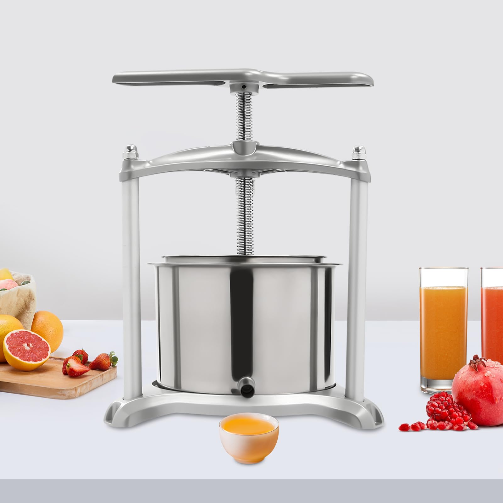 Stainless Steel 4L/1.06 Gallon Manual Fruit Wine Press & Cider Press with Dual Barrels - Juice Maker for Apples, Grapes, Berries - Perfect for Homemade Wine, Cider, Honey & Olive Oil Making at Home