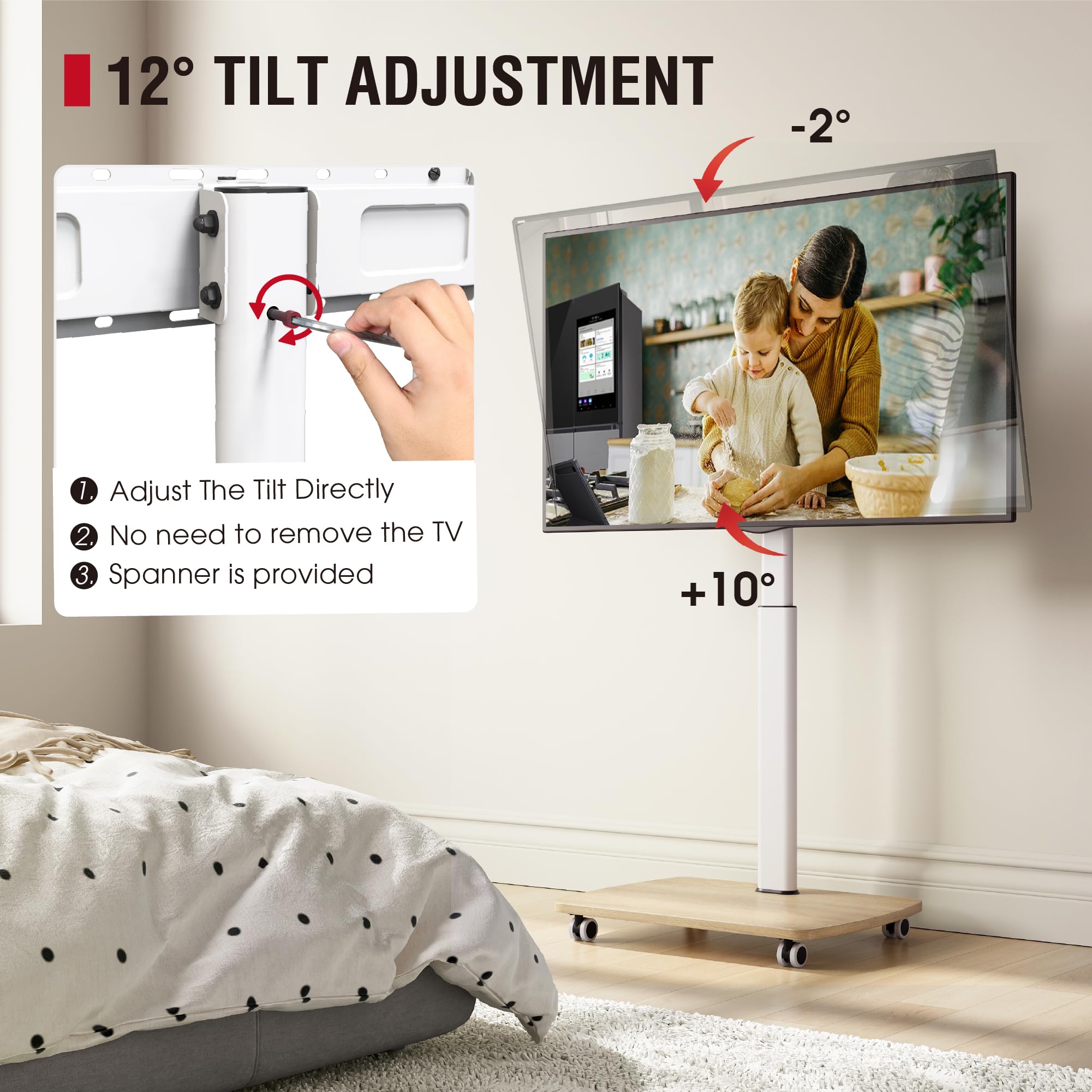 Portable Rolling TV Stand with Wheels for 43-75 Inch TVs - 10-Level Height Adjustable, 12° Tilt & 50° Swivel - Heavy Duty Mobile TV Floor Stand with Castors Holds up to 110 lbs (White) - Perfect for Living Rooms, Bedrooms, Outdoor Patios & Commercial Spaces