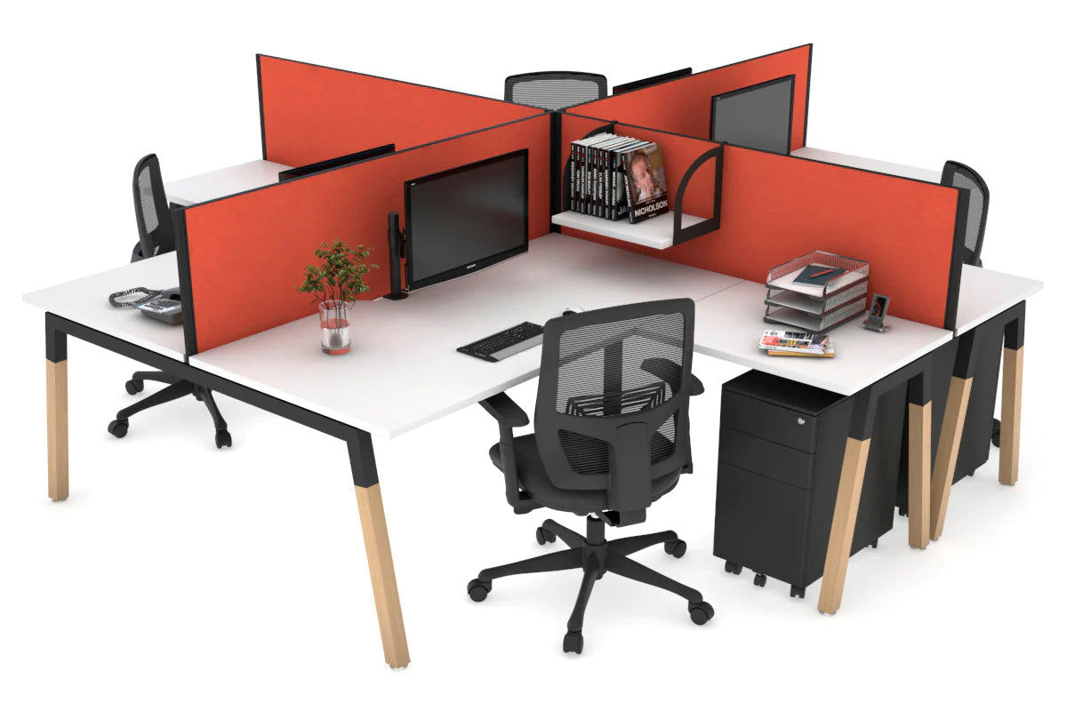 Quadro Wood A Legs Cross Beam 4-Person Corner Workstation Desk - 1600L x 1800W with Cable Management Scallop - Perfect for Office, Home Workspace & Collaborative Environments