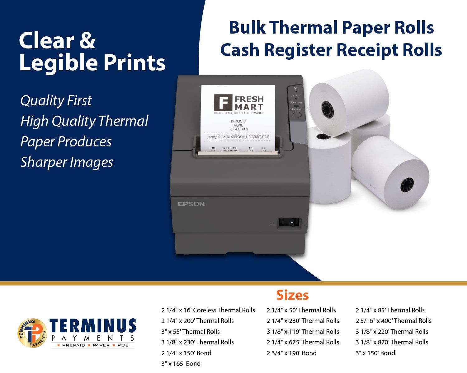 Terminal POS Thermal Paper Rolls (50 Rolls) - 3 1/8