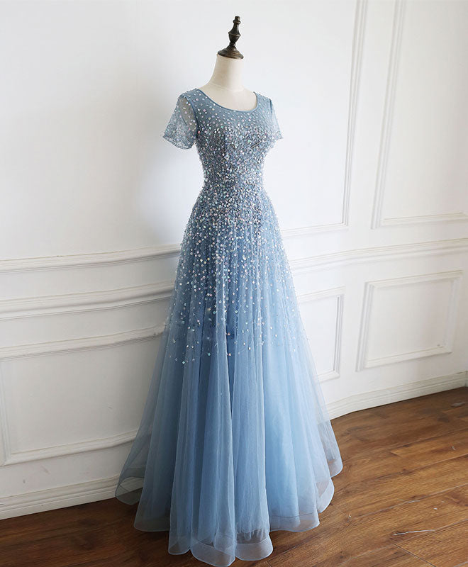 Elegant Blue Round Neck Tulle Sequin Beads Long Prom Dress - Formal Evening Gown for Homecoming, Ball, and Special Occasions