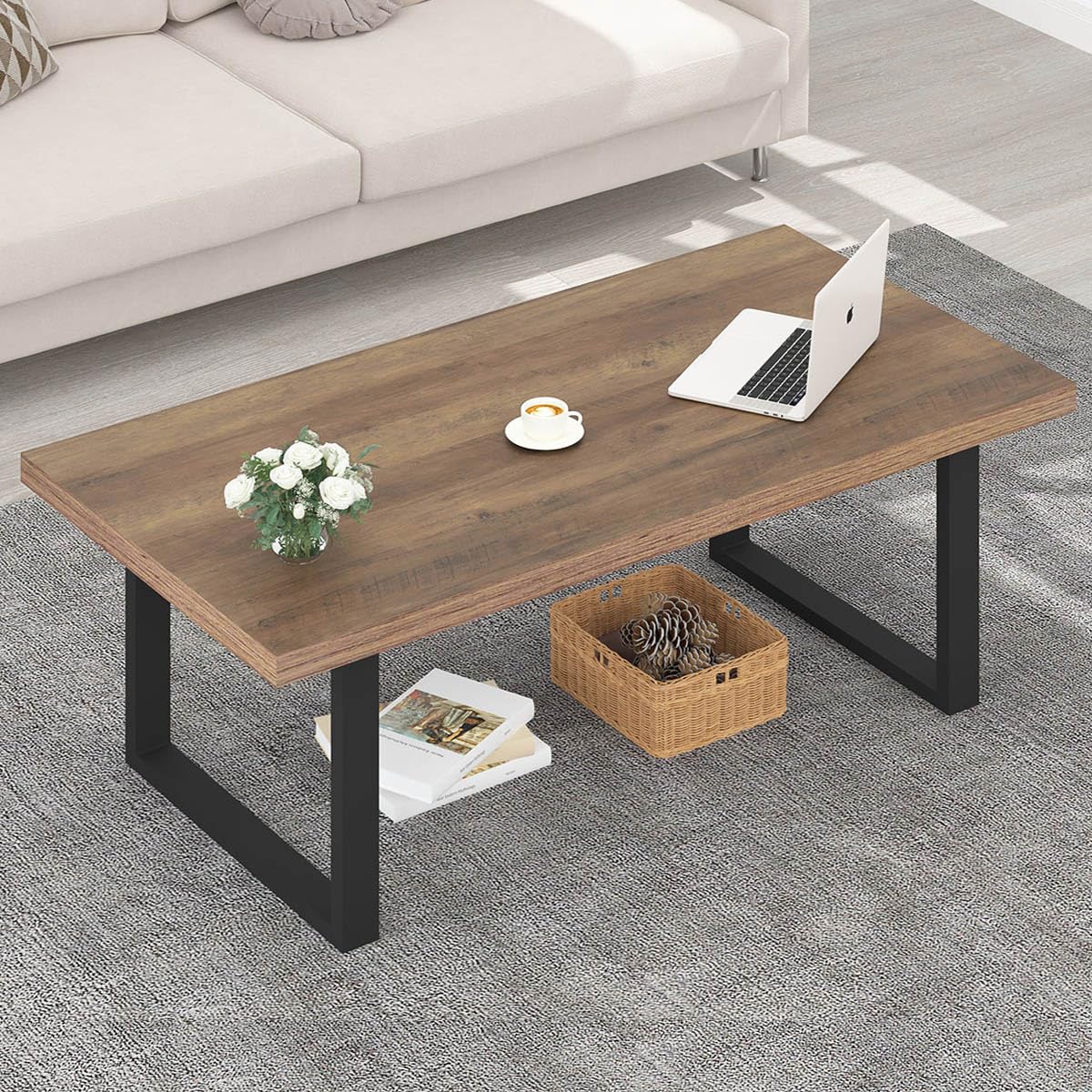 IBF Farmhouse Coffee Table - 47 Inch Modern Industrial Rectangle Center Table with Rustic Oak Finish, Wood & Metal Tea Table for Living Room, Bedroom, Office - Perfect for Cozy Gatherings & Home Decor
