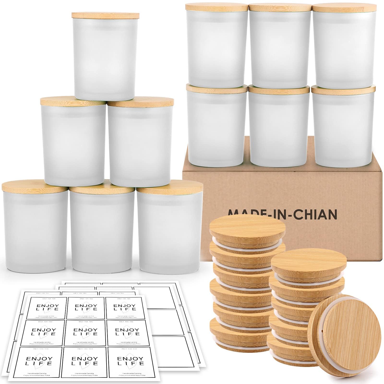 GOTIDEAL 12 Pack 6oz Frosted White Candle Jars with Bamboo Lids - Bulk Empty Glass Containers for DIY Candle Making, Soy Wax, Aromatherapy - Perfect for Home Decor, Wedding Centerpieces & Gift Packaging