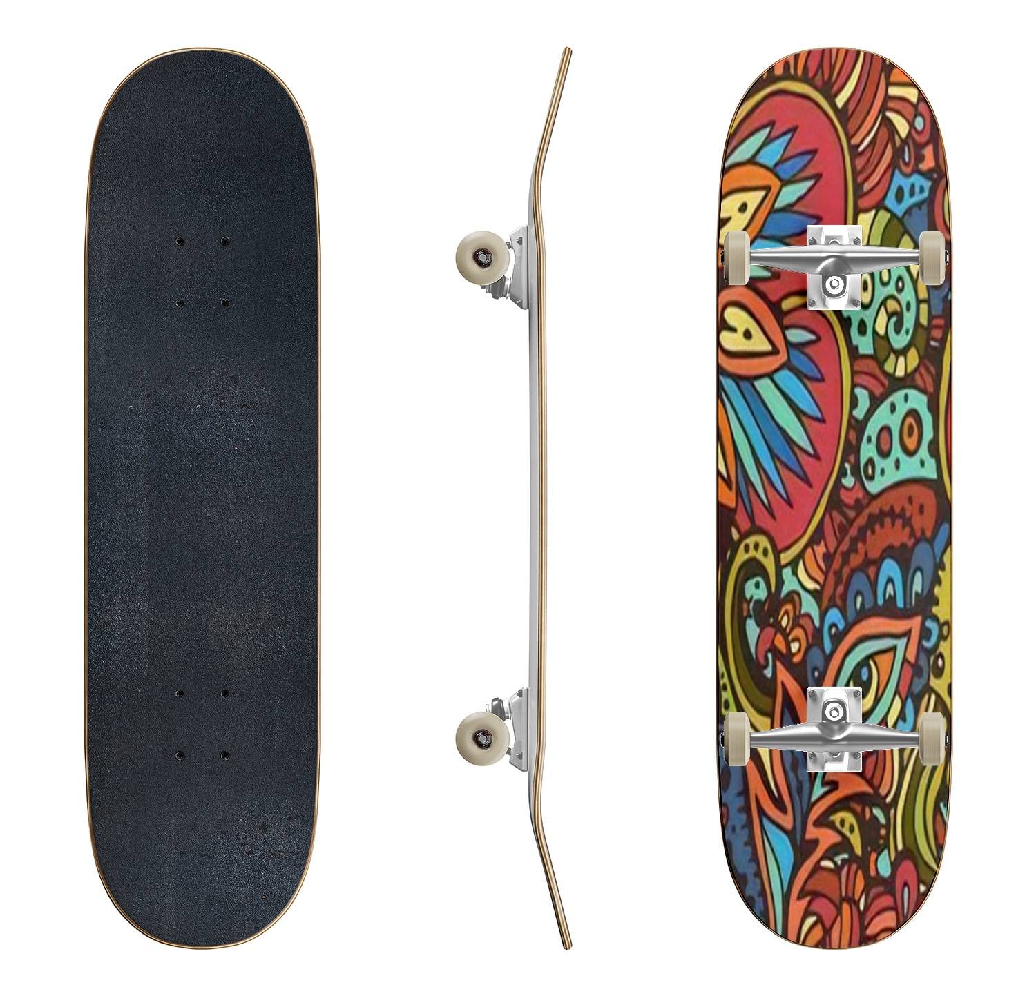 African Tribal Hand Drawn Skateboard - Classic Concave Longboard for Beginners & Professionals | Extreme Sports Gear, Cool Teen Gifts for Skateboarding, Street Riding & Park Tricks