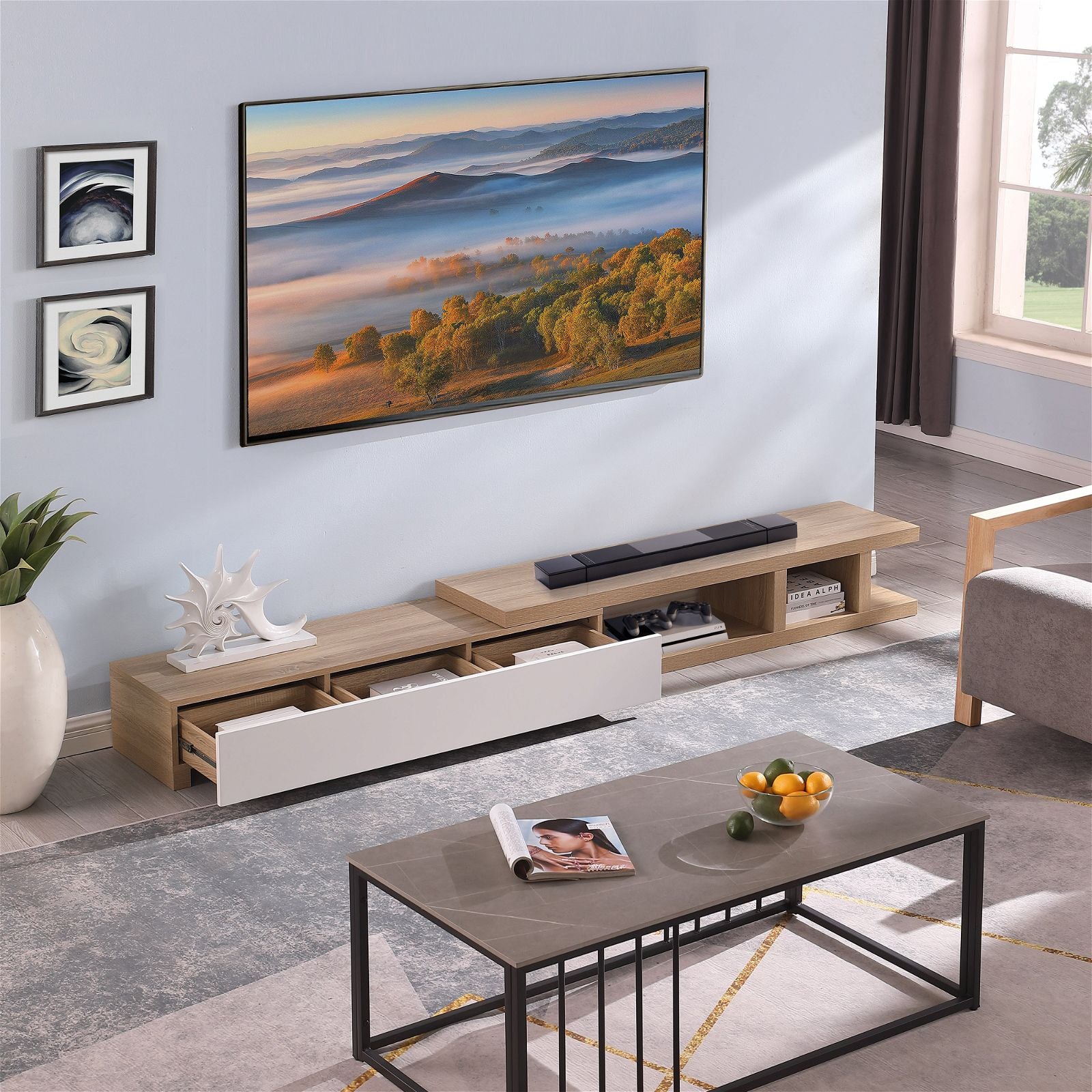 Criterion Extendable TV Stand 279cm - Solid Oak Entertainment Center for Living Room, Home Theater & Media Storage | Modern TV Cabinet with Adjustable Shelves