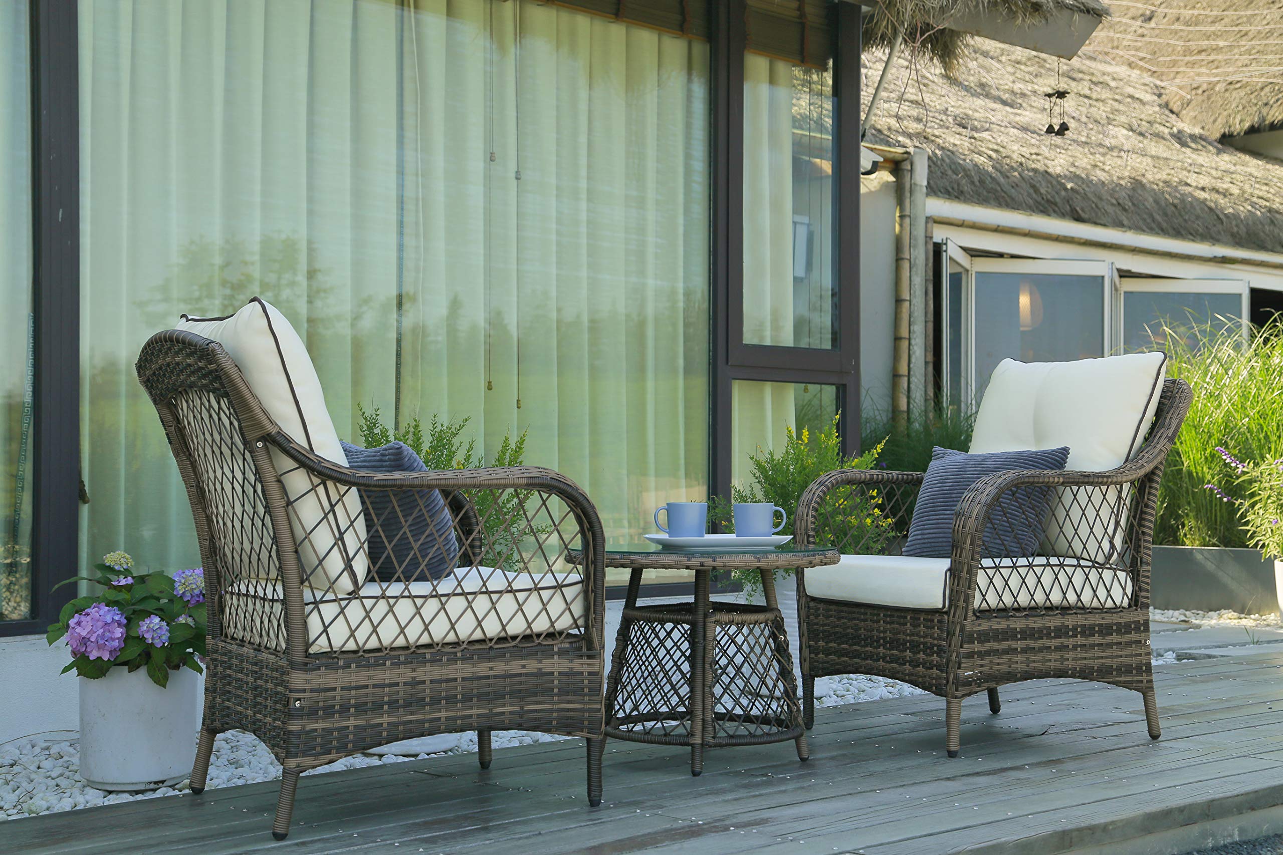 N&V 3-Piece Outdoor Bistro Set - Patio Conversation Furniture with Rattan Chairs & Table - Beige, Red, Green (Beige) - Perfect for Balcony, Garden, Poolside & Backyard Relaxation