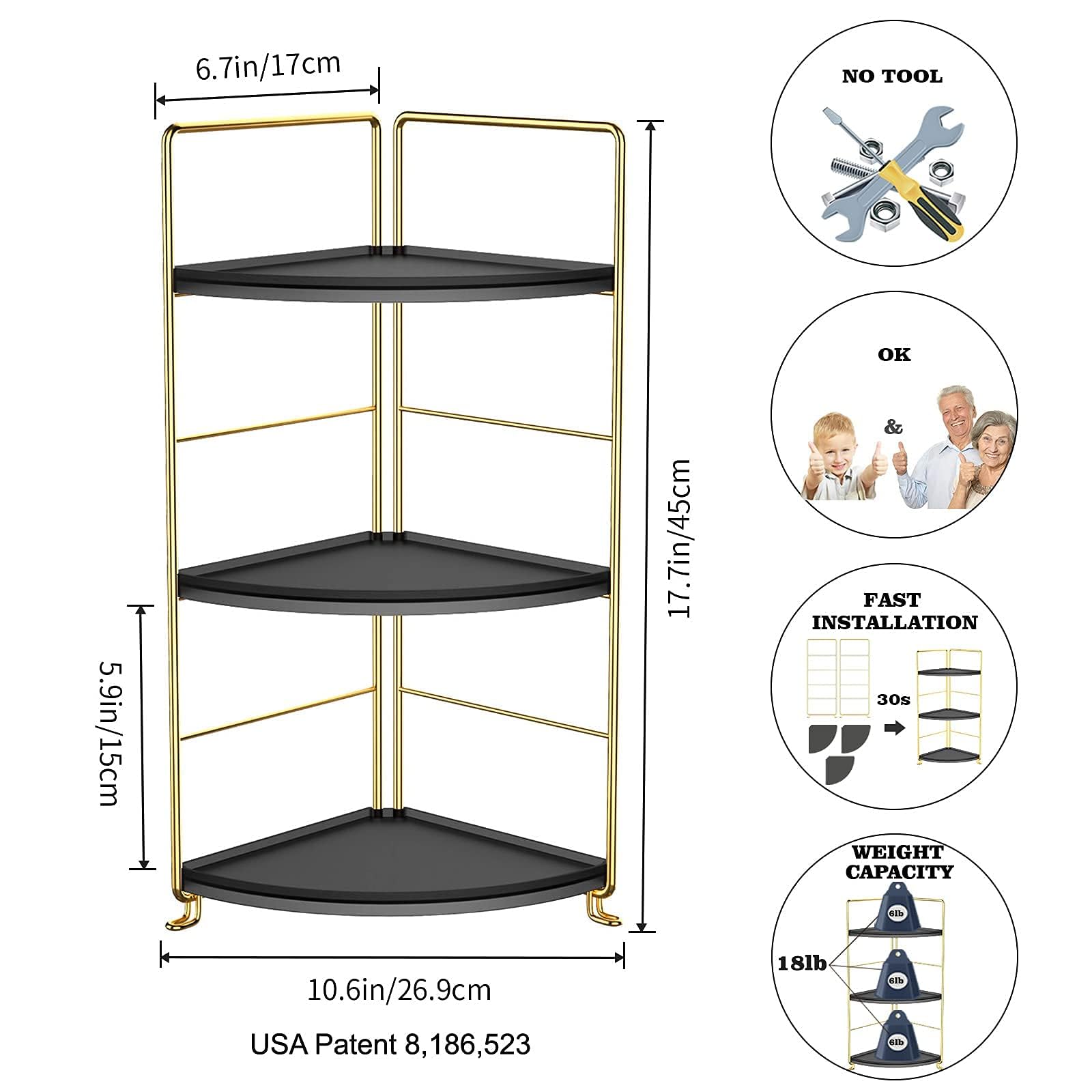 3-Tier Corner Bathroom Organizer Countertop Storage Shelf - Plastic Vanity Tray for Makeup, Jewelry & Toiletries - Space-Saving Organizer for Kitchen, Bathroom, Dresser (Gold) - Perfect for Small Spaces & Clutter-Free Countertops