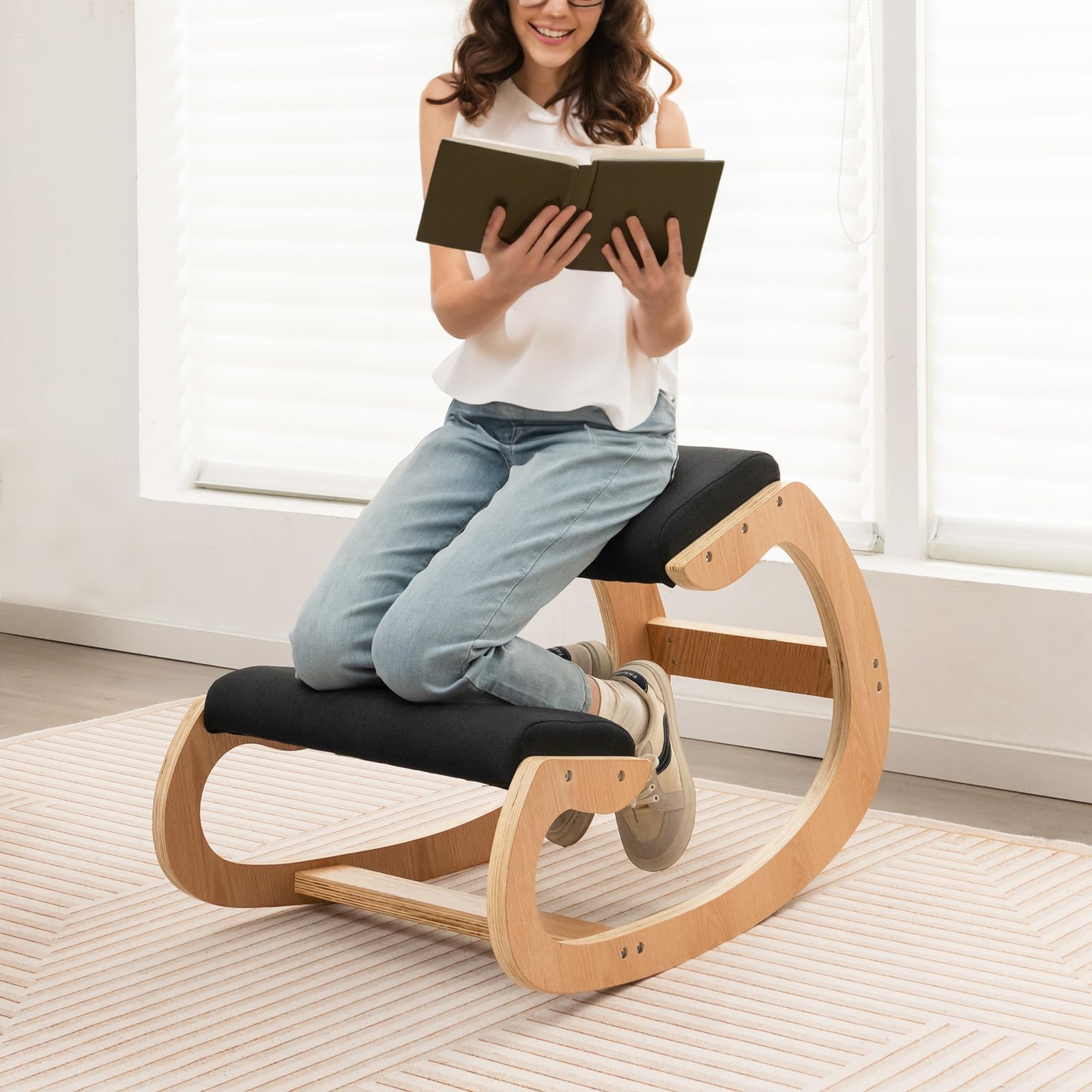 GOFLAME Ergonomic Kneeling Chair - Adjustable Wooden Rocking Knee Chair with Thick Padded Seat Cushion & Knee Support - Posture Corrector for Home Office, Meditation & Reading - Relieves Back Pain & Improves Sitting Posture (Black)