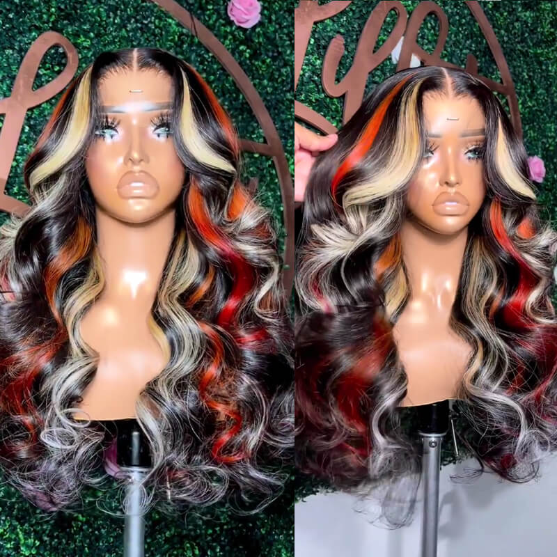 Eullair Black Red Blonde Body Wave Wig with Blue Orange Balayage Highlights - 3 Color Straight Lace Frontal Human Hair Wig for Cosplay, Halloween & Daily Fashion
