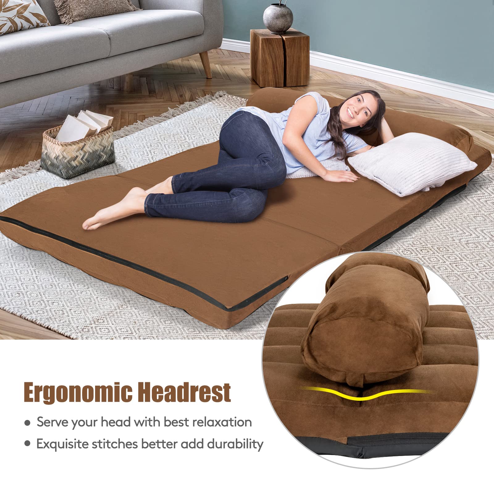 Giantex Adjustable Floor Sofa - 6-Position Foldable Lazy Sofa Bed with 2 Pillows, Durable & Stable Suede Floor Seating Couch for Living Room, Bedroom, Dorm or Guest Room (Brown) - Perfect for Lounging, Reading, Napping and Small Space Living