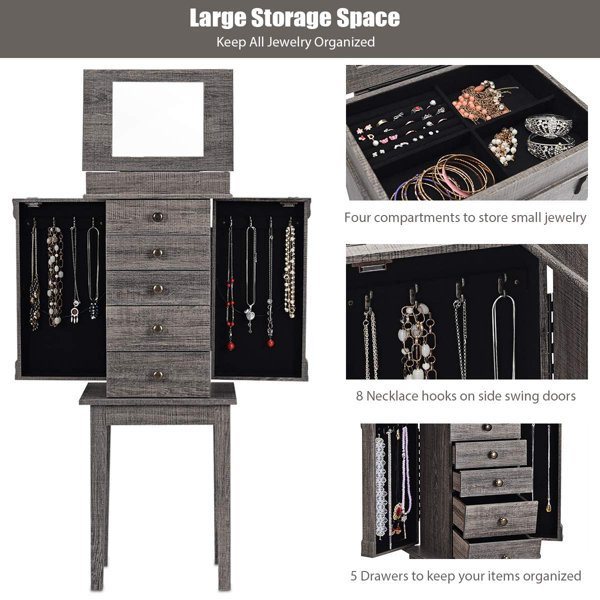 Standing Jewelry Armoire Cabinet with Flip Top Mirror - 5 Drawers, 2 Doors & 8 Necklace Hooks - Jewelry Storage Organizer for Earrings, Necklaces, Bracelets - Makeup Vanity Dresser - Perfect Gift for Women & Girls (Gray) - Ideal for Bedroom, Closet or Dressing Room Organization