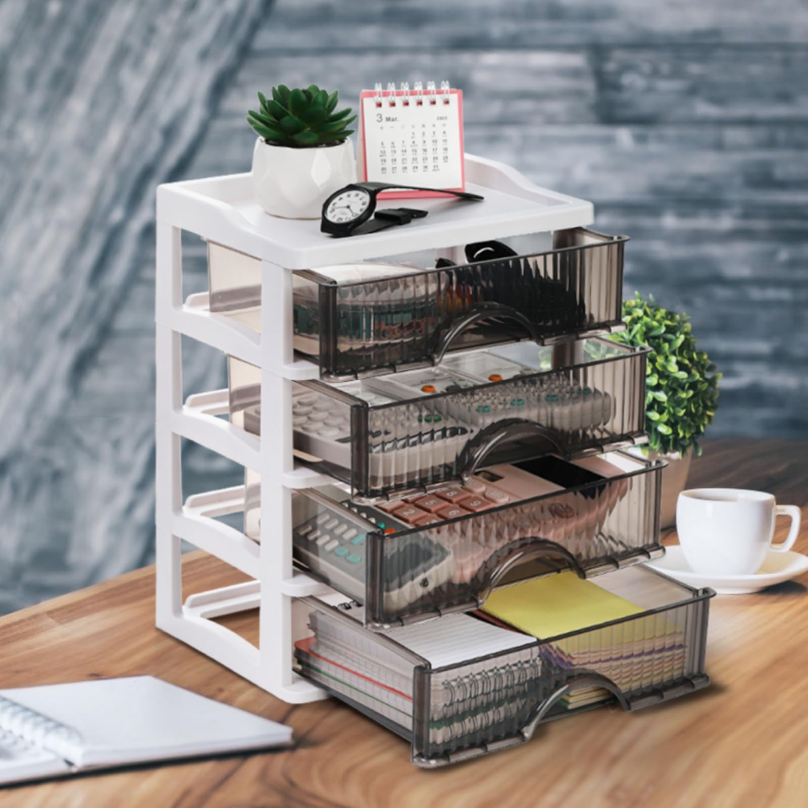 4-Drawer Plastic Desk Organizer - Office & Home Storage Box for Art Supplies, Stationery, Makeup | Perfect for Study, Bathroom Countertop & Workspace Organization