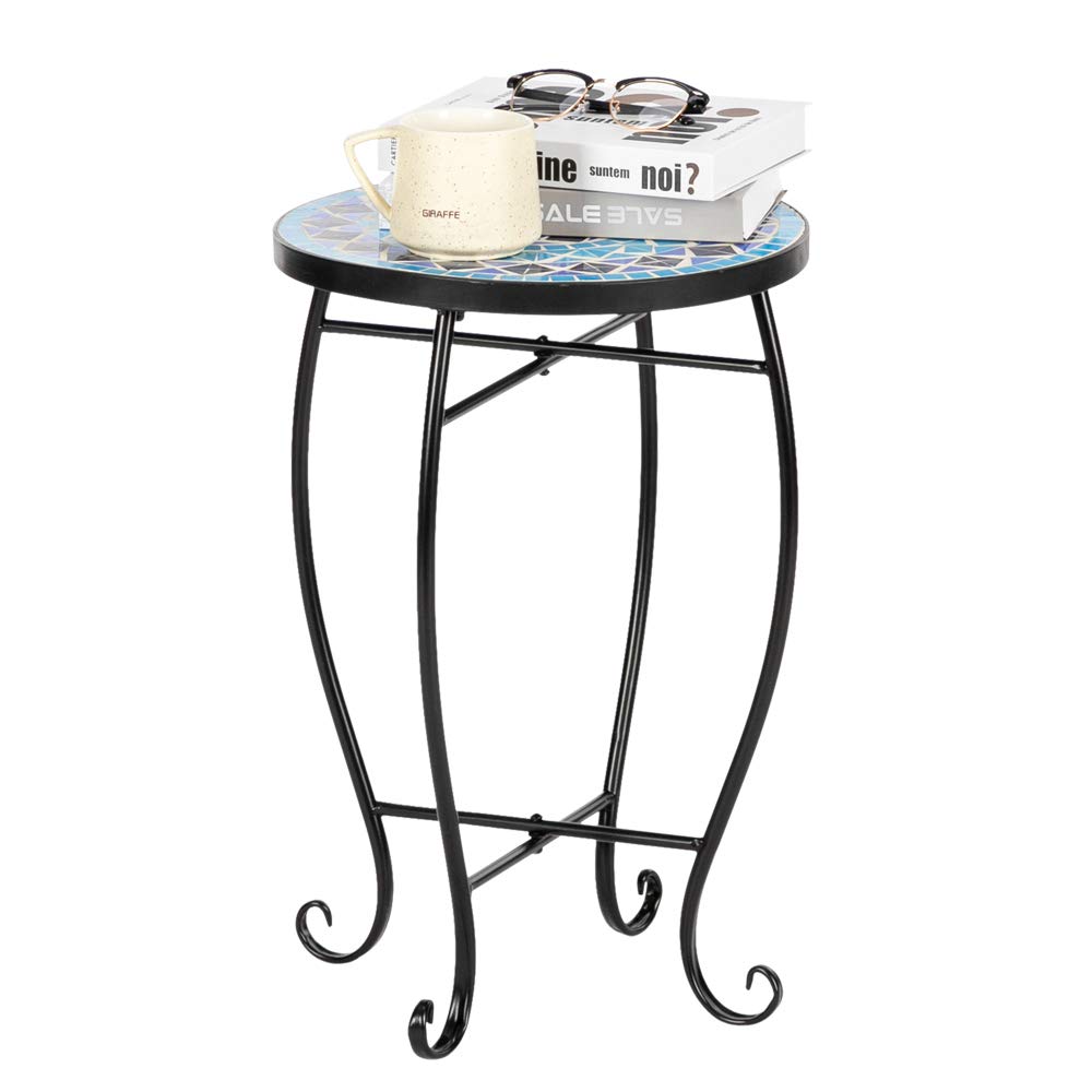 Round Mosaic Accent Table - Outdoor Side Table with Blue Ocean Design for Patio, Porch, Beach & Pool Decor | Perfect as Plant Stand or Coffee Table for Indoor & Outdoor Use