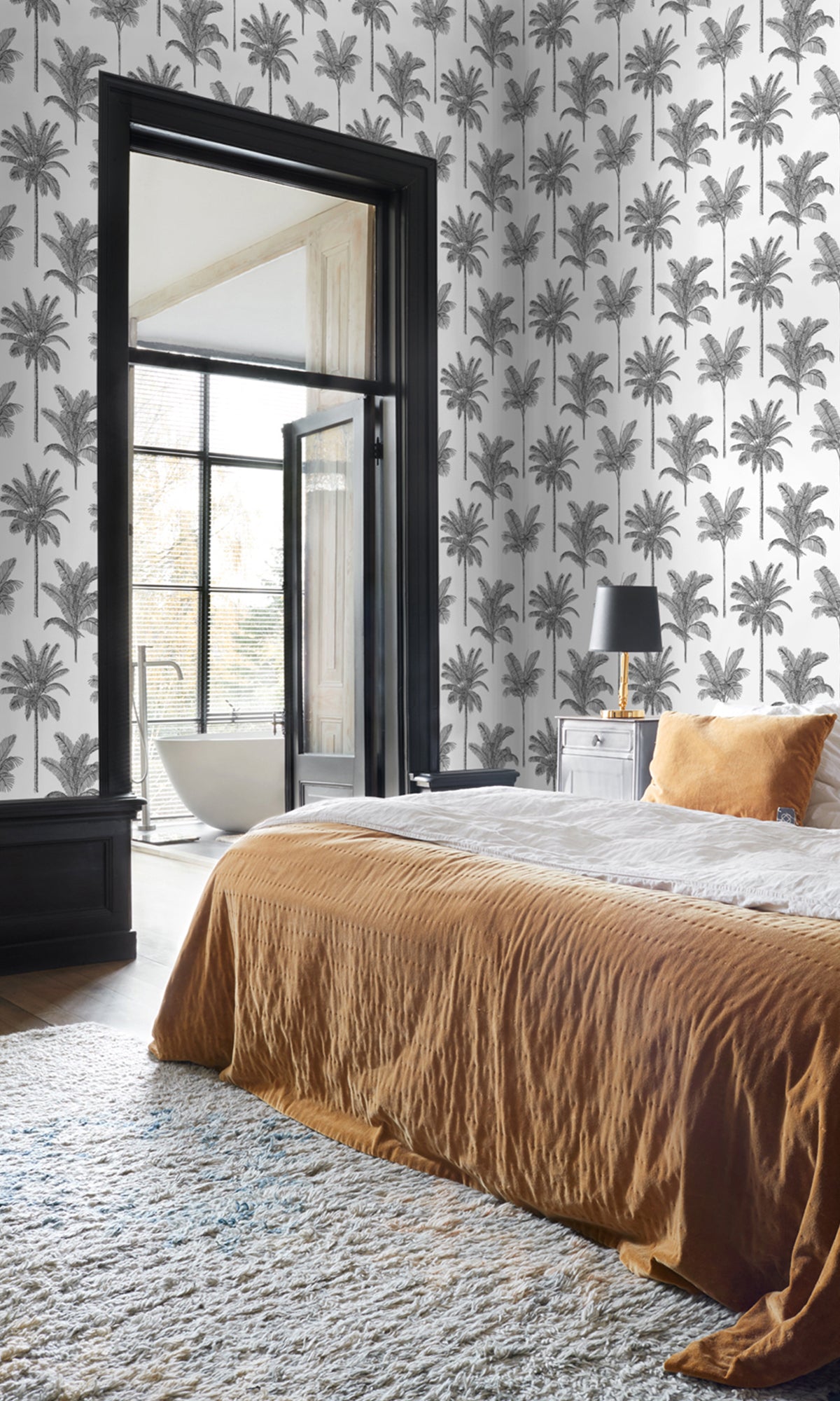 Black and White Palm Trees Wallpaper R9386 - Tropical Botanical Peel and Stick Removable Wallpaper for Bedroom, Living Room, Bathroom Decor