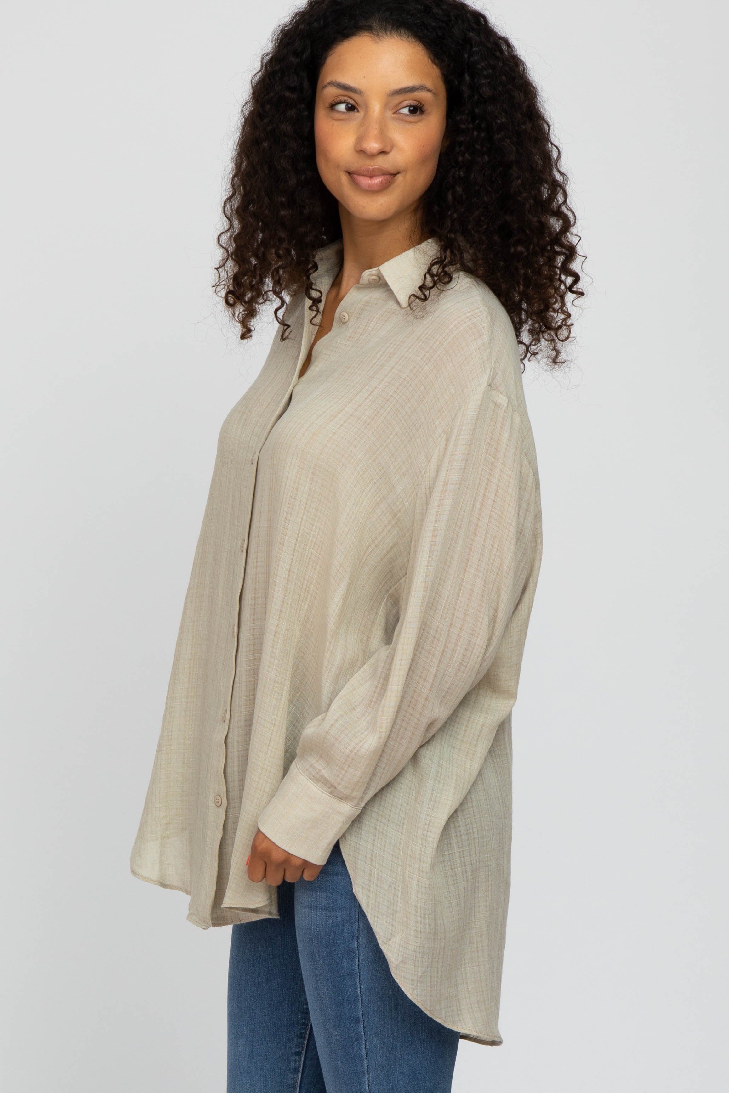 Lightweight Sheer Button Down Blouse for Women - Beige Casual Shirt, Breathable & Comfortable, Perfect for Office, Date Night & Summer Outfits