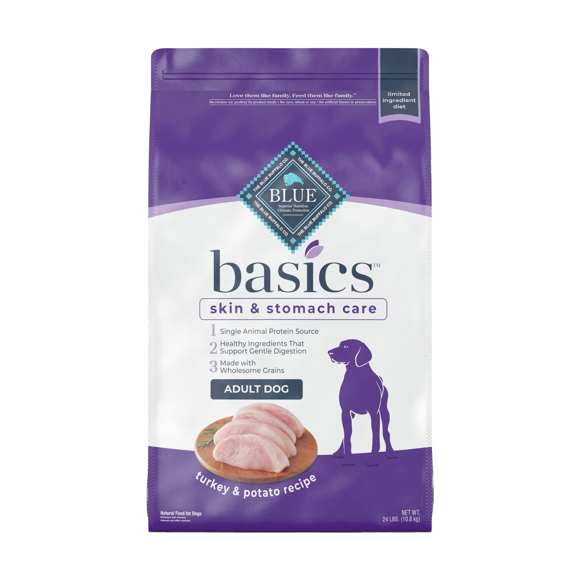 Blue Buffalo Basics Skin & Stomach Care Natural Adult Dry Dog Food - Grain Free, Limited Ingredient Diet for Sensitive Dogs - Perfect for Allergies & Digestive Health