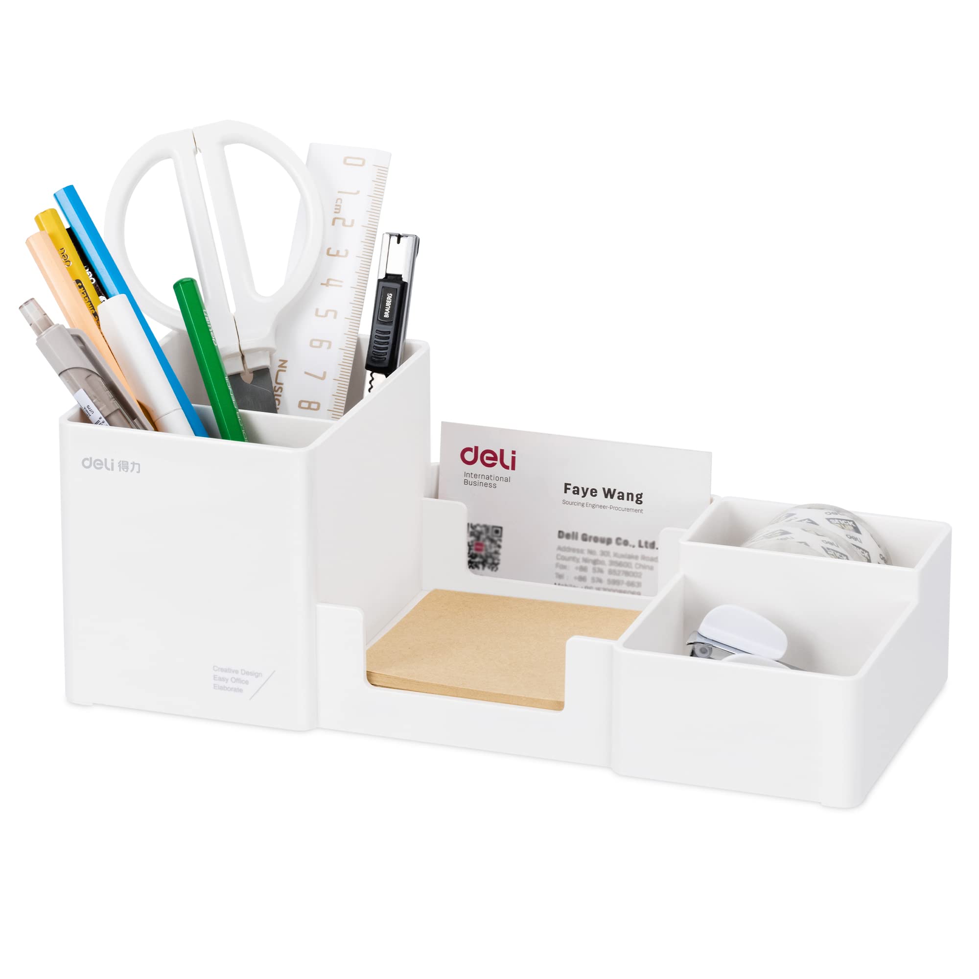 Deli White Plastic Desk Organizer with 6 Compartments - Pencil Holder & Sticky Note Tray for Office Supplies | Perfect for Home Office, School Desk, and Workspace Organization