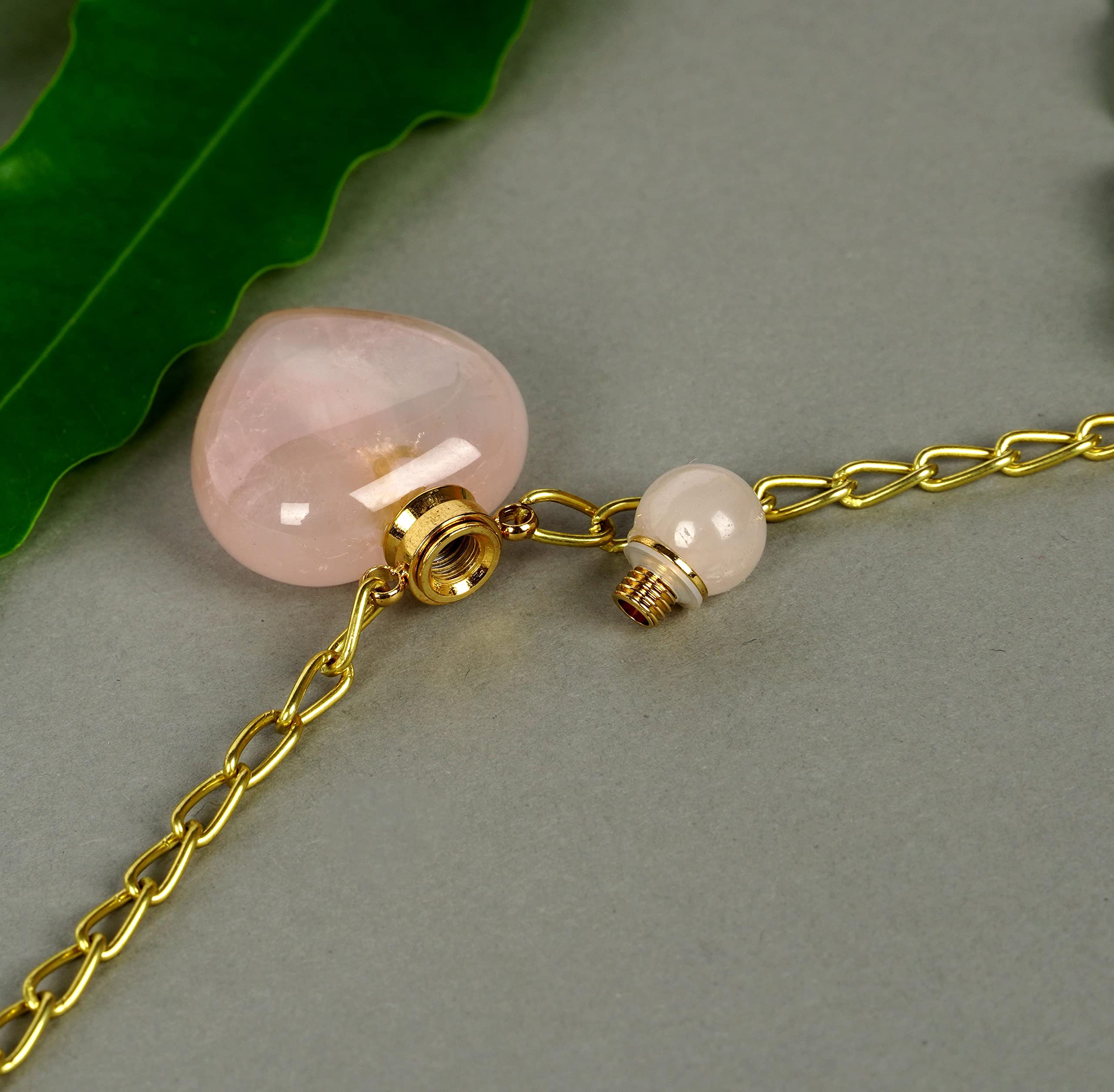 Natural Rose Quartz Pendant Necklace - Healing Crystal Gemstone Perfume Bottle Essential Oil Diffuser with Gold Plated Chain for Men & Women | Spiritual Healing, Meditation & Fashion Jewelry Gift