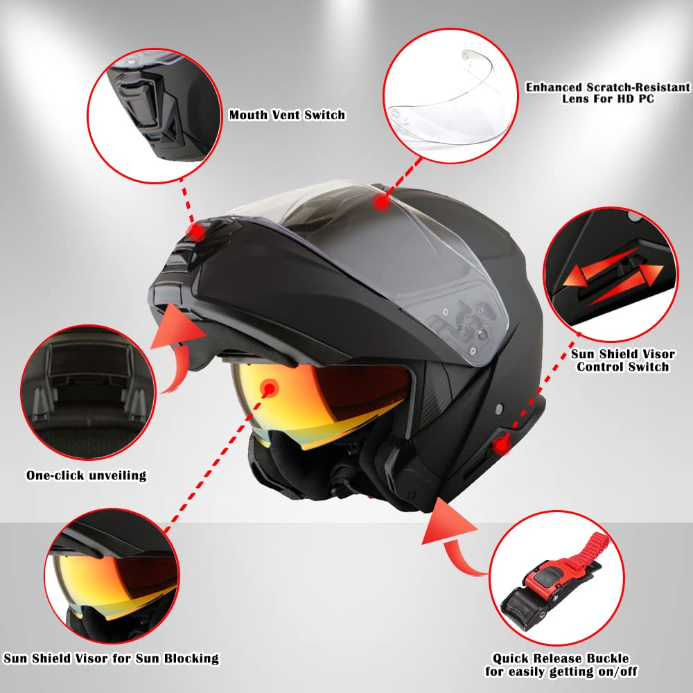 Martian Motorcycle Modular Full Face Helmet - Flip Up Dual Visor with Sun Shield (HG362) - DOT Approved for Safe Riding, Commuting & Adventure Tours
