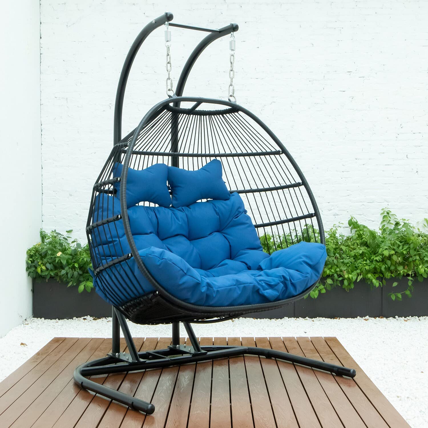 LeisureMod Wicker 2-Person Double Folding Hanging Egg Swing Chair for Patio, Garden, Porch & Outdoor Relaxation