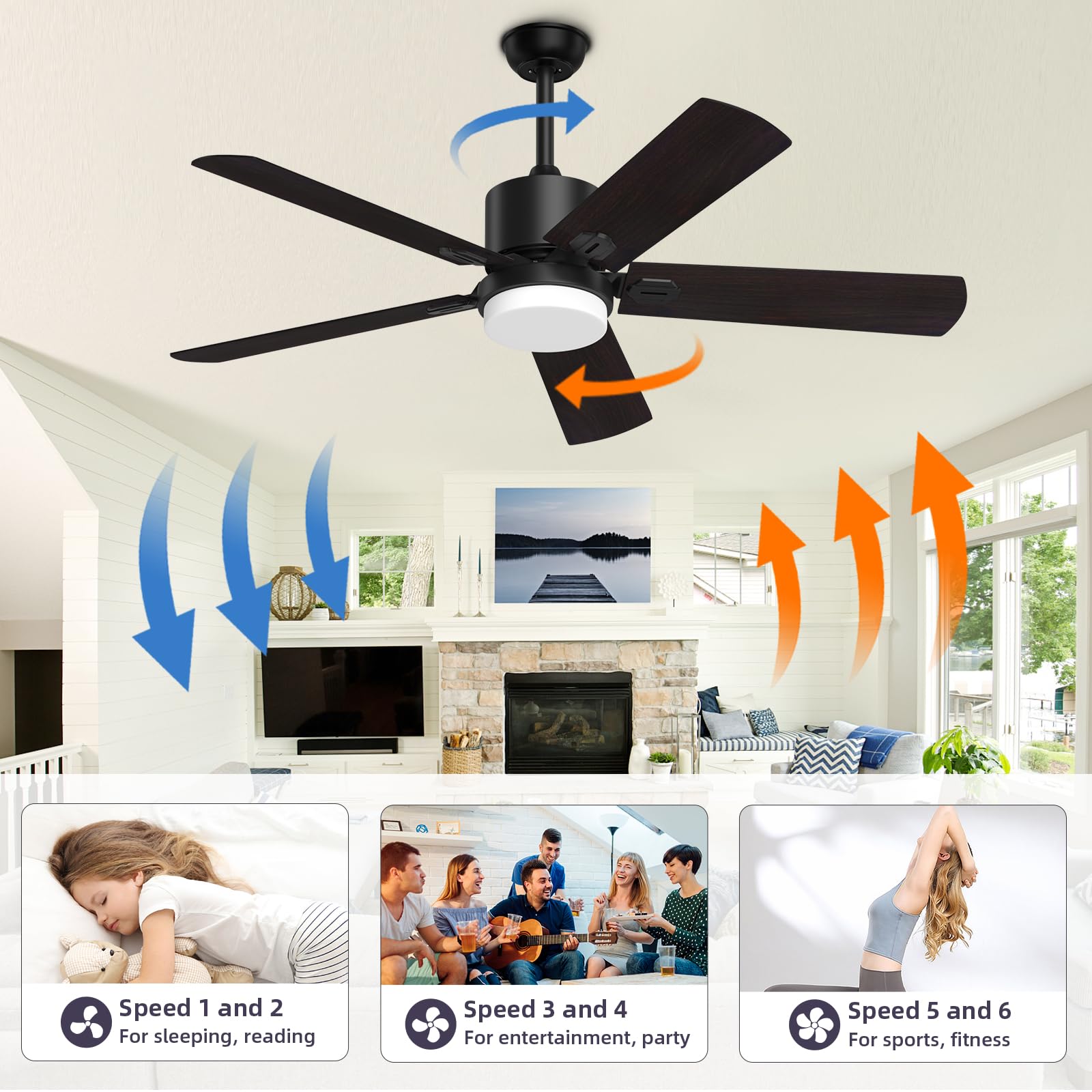 52 Inch Black Ceiling Fan with Lights and Remote - 6 Speed Reversible DC Motor, Adjustable Lighting for Outdoor & Indoor Use - Perfect for Patio, Bedroom, Porch, Living Room, and Office Spaces