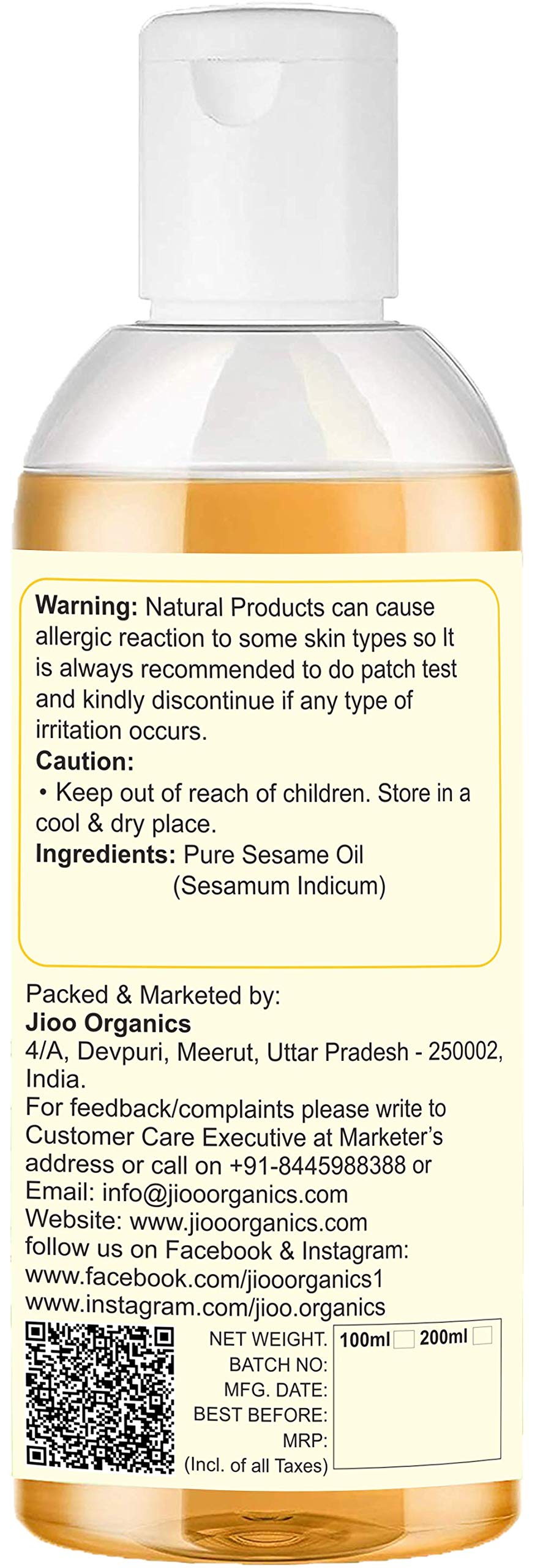Jioo Organics 100% Pure Cold Pressed Sesame Oil for Hair Growth, Skin Care & Massage - 100% Natural Til Ka Tel - 100ml | Perfect for Ayurvedic Treatments, Aromatherapy & Healthy Heart