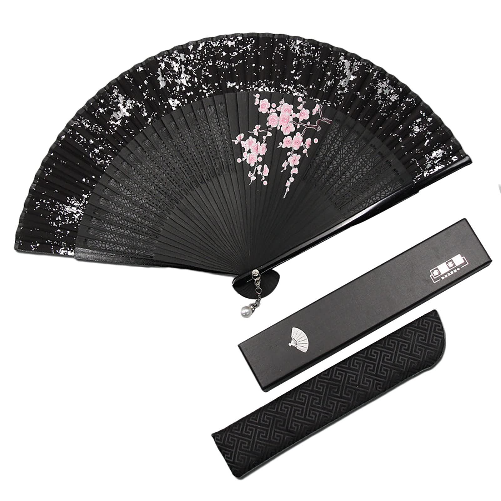 Hand-Painted Chinese Plum Blossom Bamboo Folding Fan with Pearl Tassel - 7.1 Inch Traditional Oriental Fan for Women, Home Decor & Summer Cooling - Perfect for Weddings, Photography, Costume Parties & Feng Shui Decor
