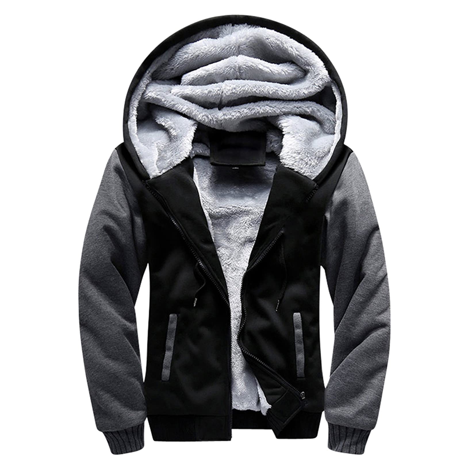 Men's Casual Plush Fleece Hooded Jacket with Zipper Pockets - Long Sleeve Plain Hoodie for Winter Outdoor Activities & Streetwear Fashion